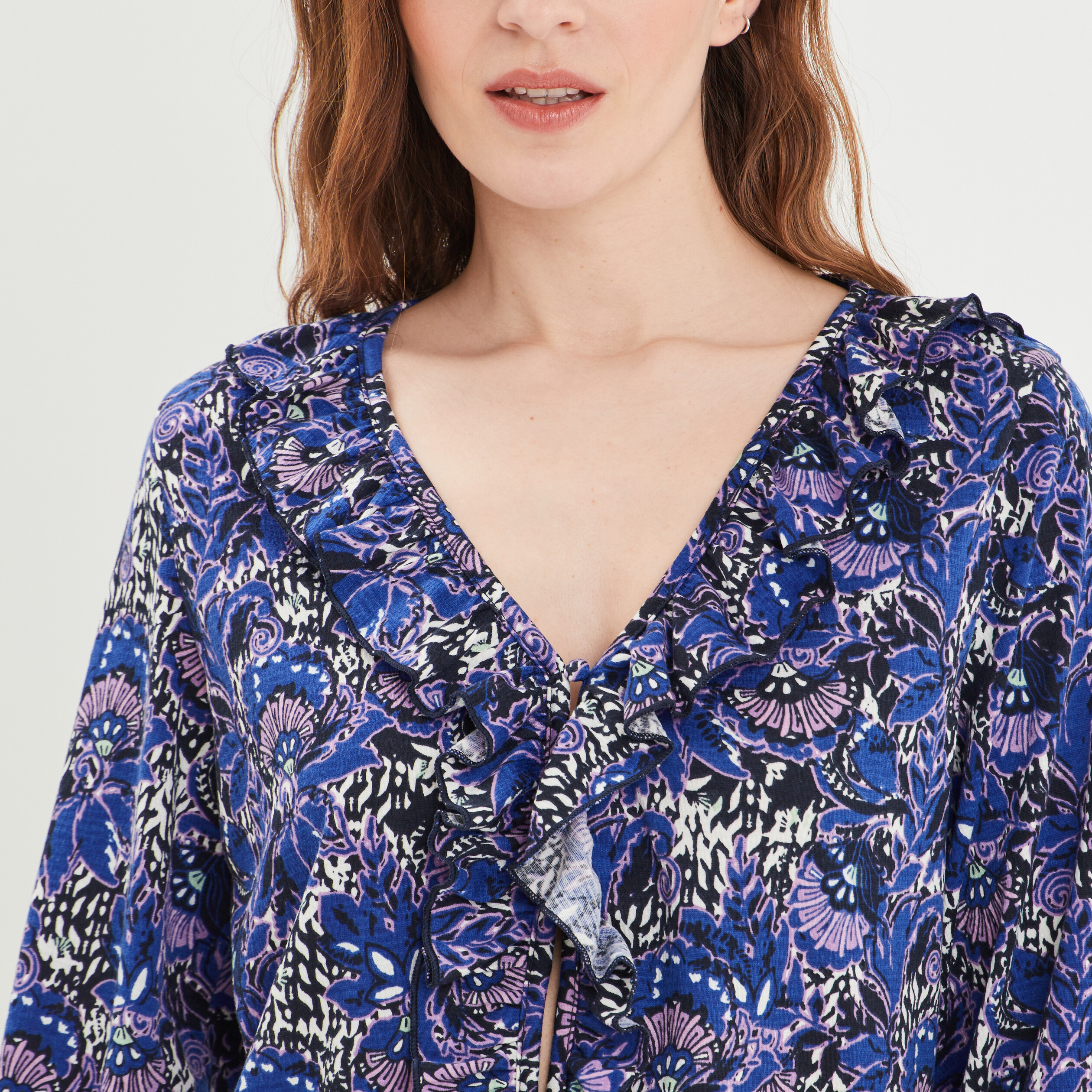 T-shirt manches longues à volants bleu marine femme