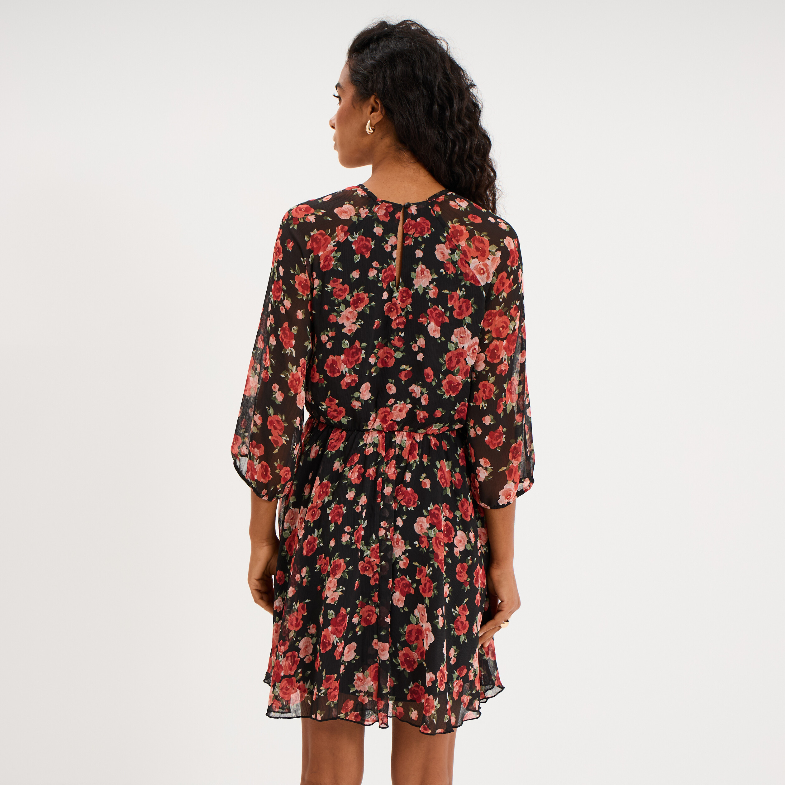 Robe fluide courte manches 3/4 noir femme