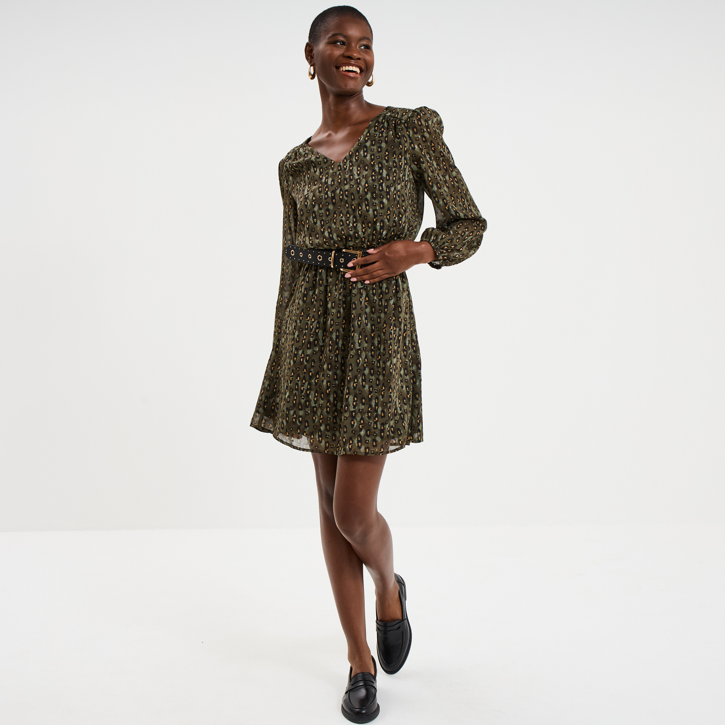 Robe fluide manches longues vert kaki femme
