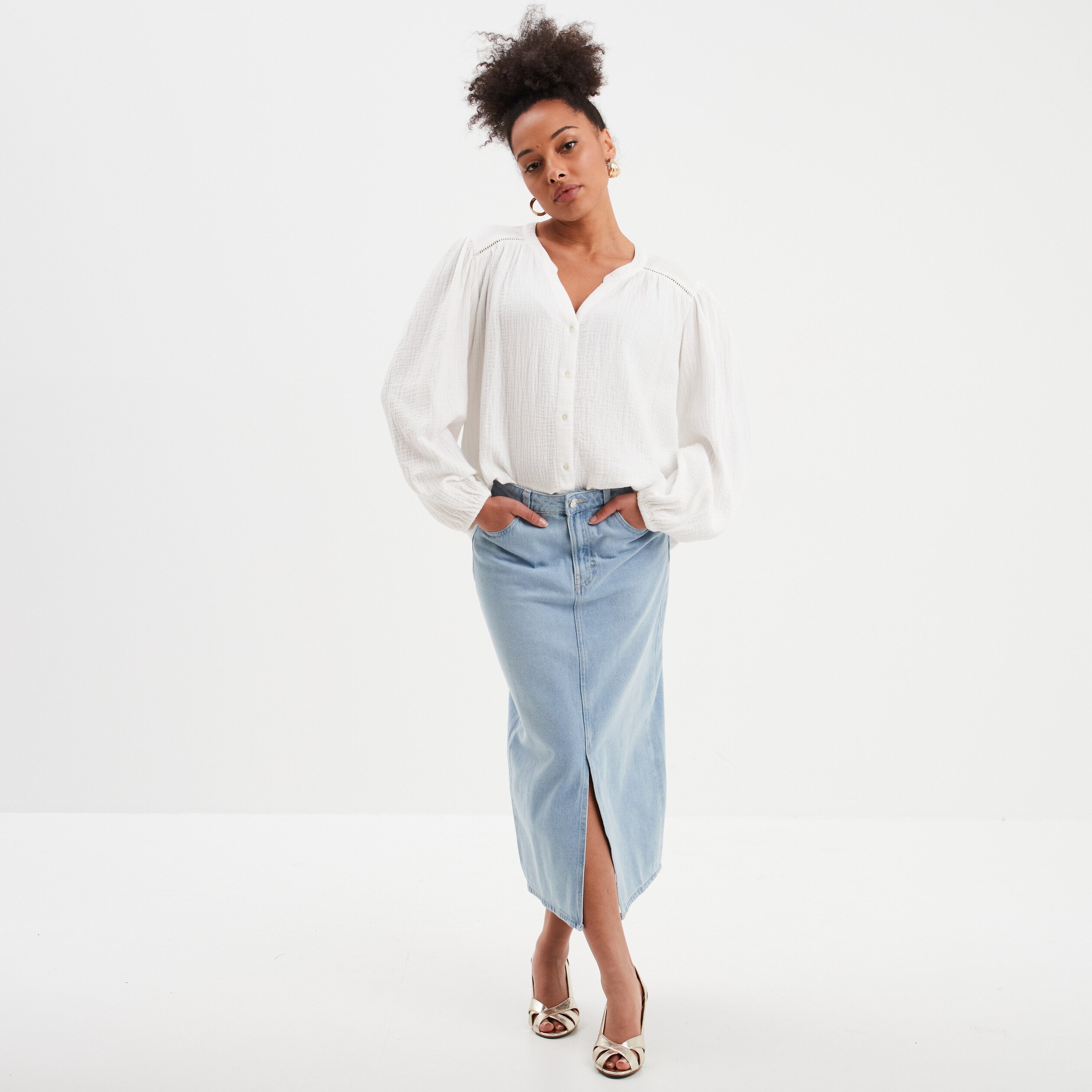 blouse col tunisien gaze de coton creeks blanc femme Blouse col tunisien gaze de coton Creeks blanc femme