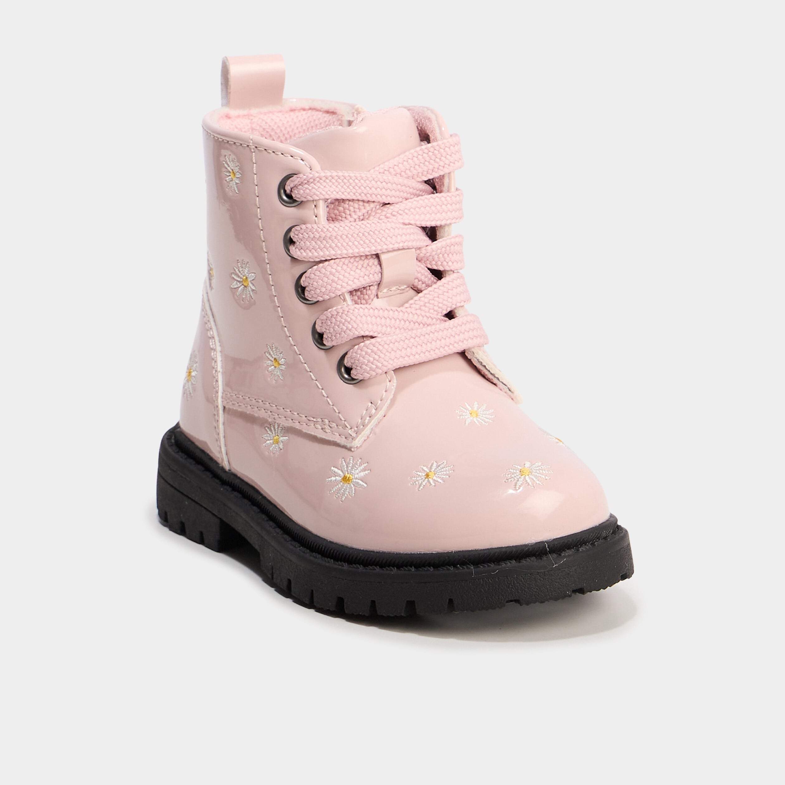 Bottines zipp&eacute;es vernies &agrave; broderie rose b&eacute;b&eacute; fille