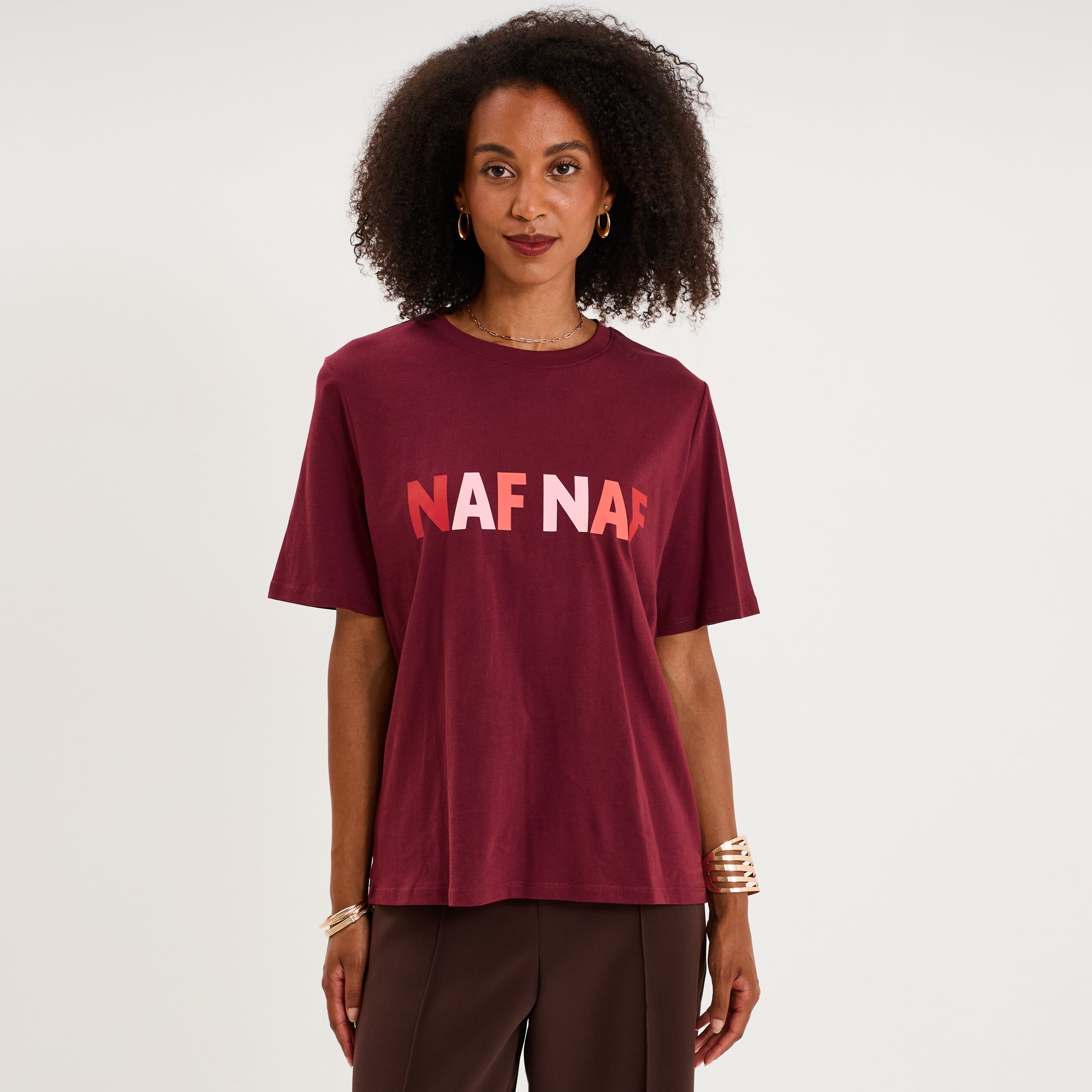 T-shirt logo NAF NAF manches courtes bordeaux femme