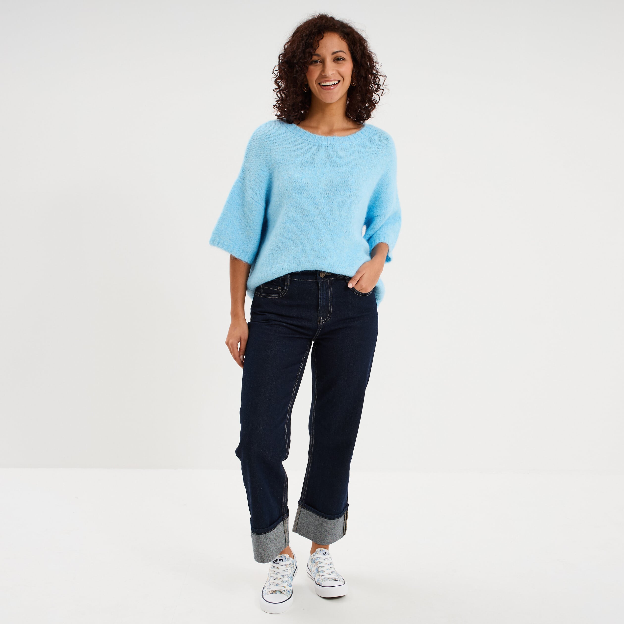 Pull col rond et boutons bleu ciel femme | Morgan