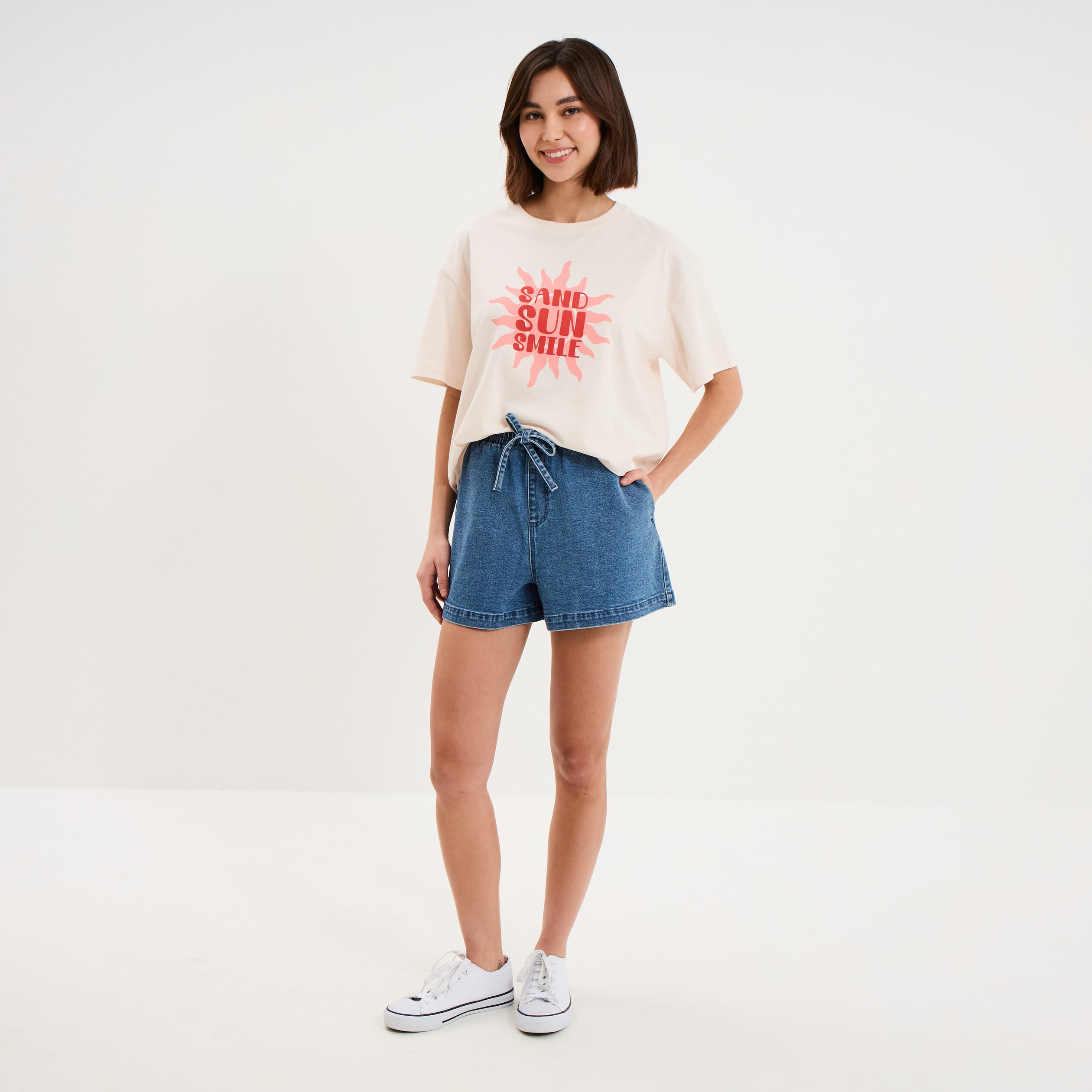 T-shirt droit manches courtes coton rose clair femme
