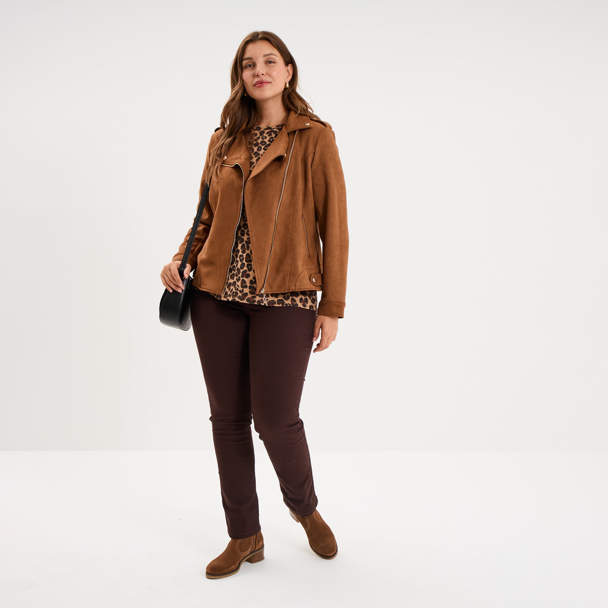 Blouson zipp&eacute; effet su&eacute;dine style biker camel femme grande taille