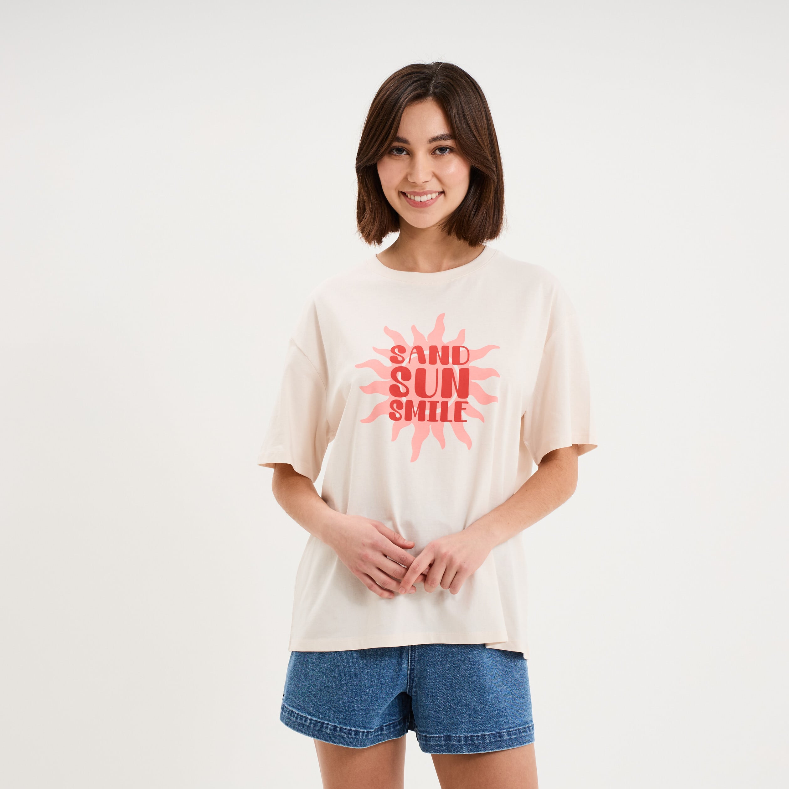 T-shirt droit manches courtes coton rose clair femme