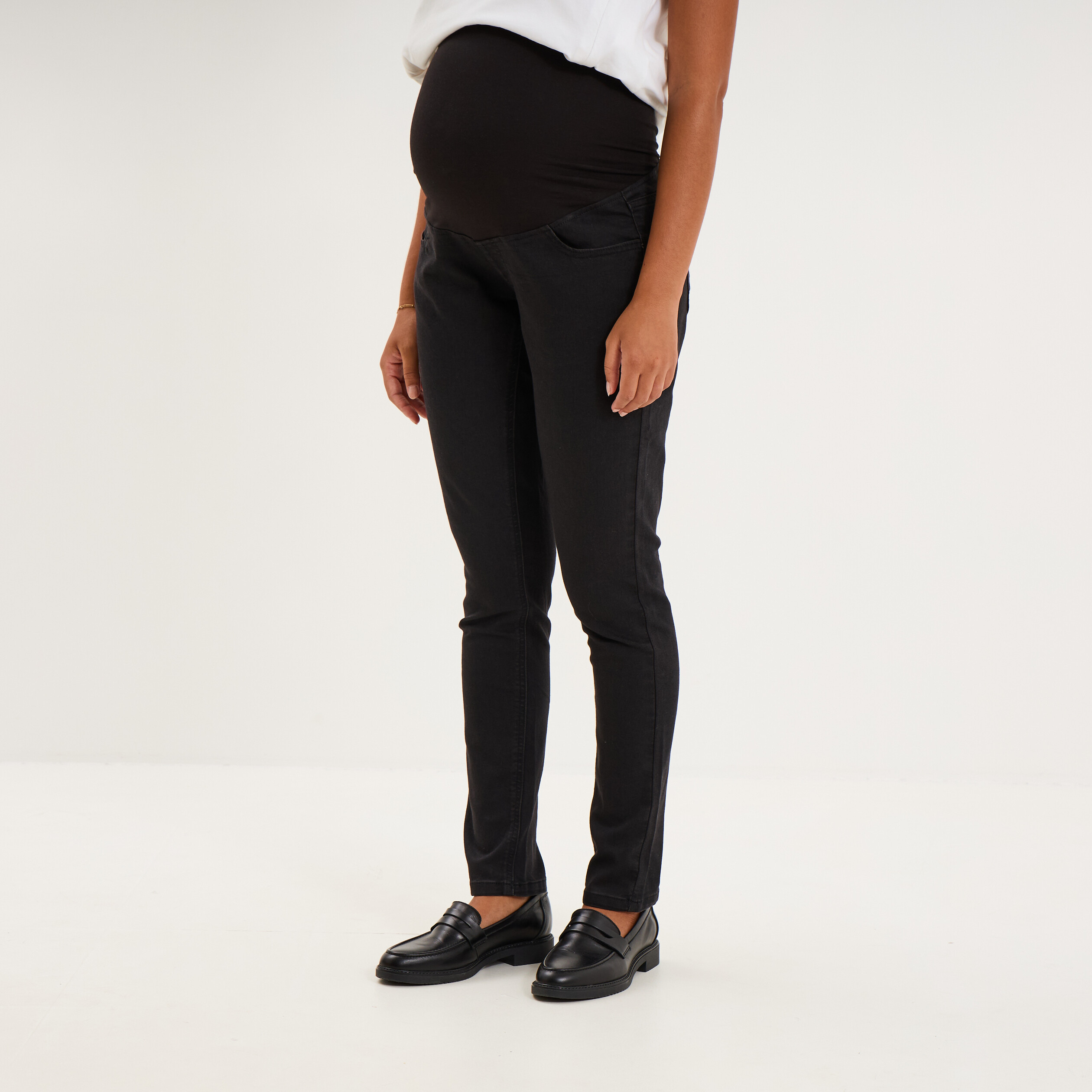 Jegging grossesse confort avec bandeau denim noir femme maternit&eacute;