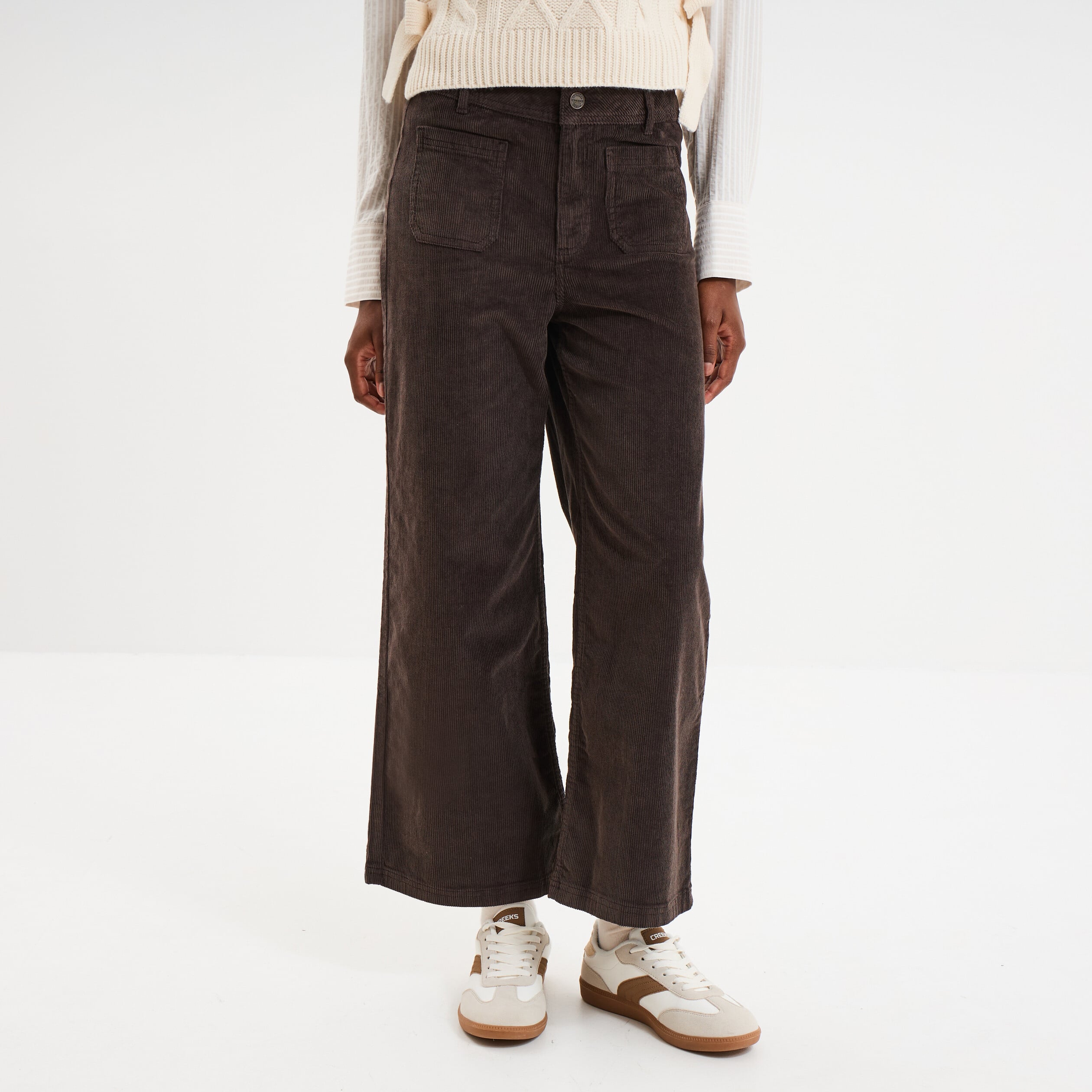 Pantalon effet velours flare 7/8&egrave;me marron fonc&eacute; femme