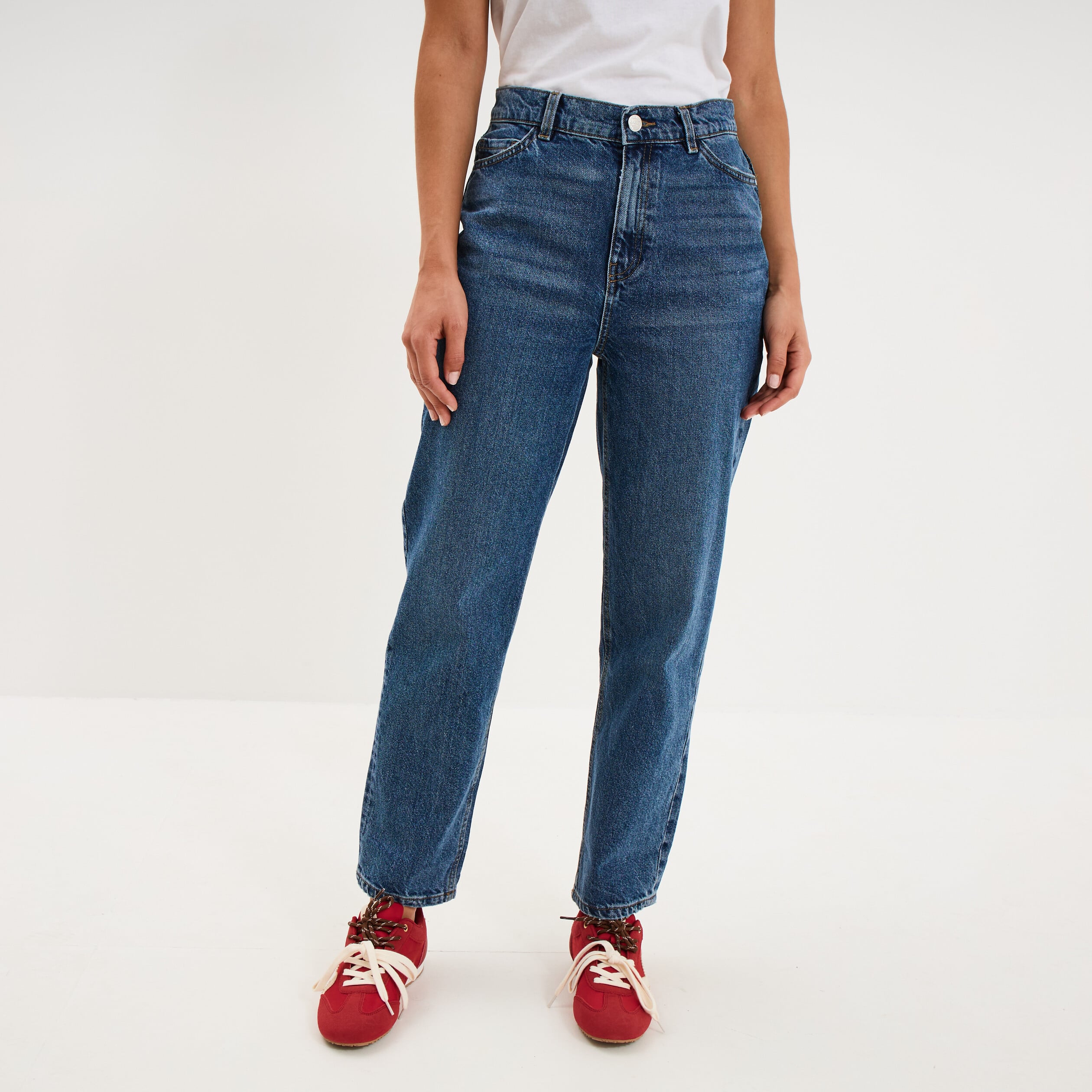 Jeans mom cropped taille haute denim stone femme
