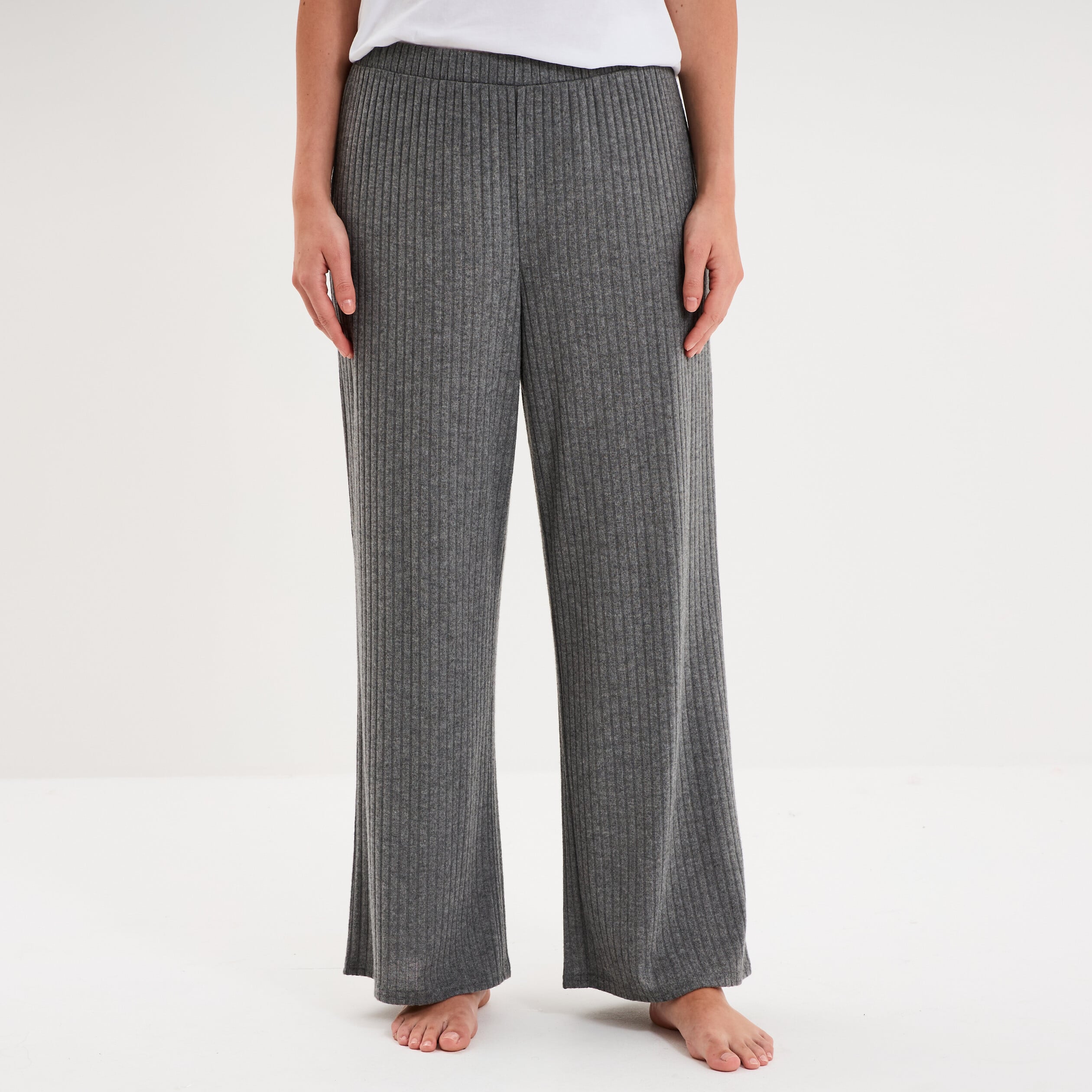 Pantalon de pyjama droit c&ocirc;tel&eacute; gris fonc&eacute; femme