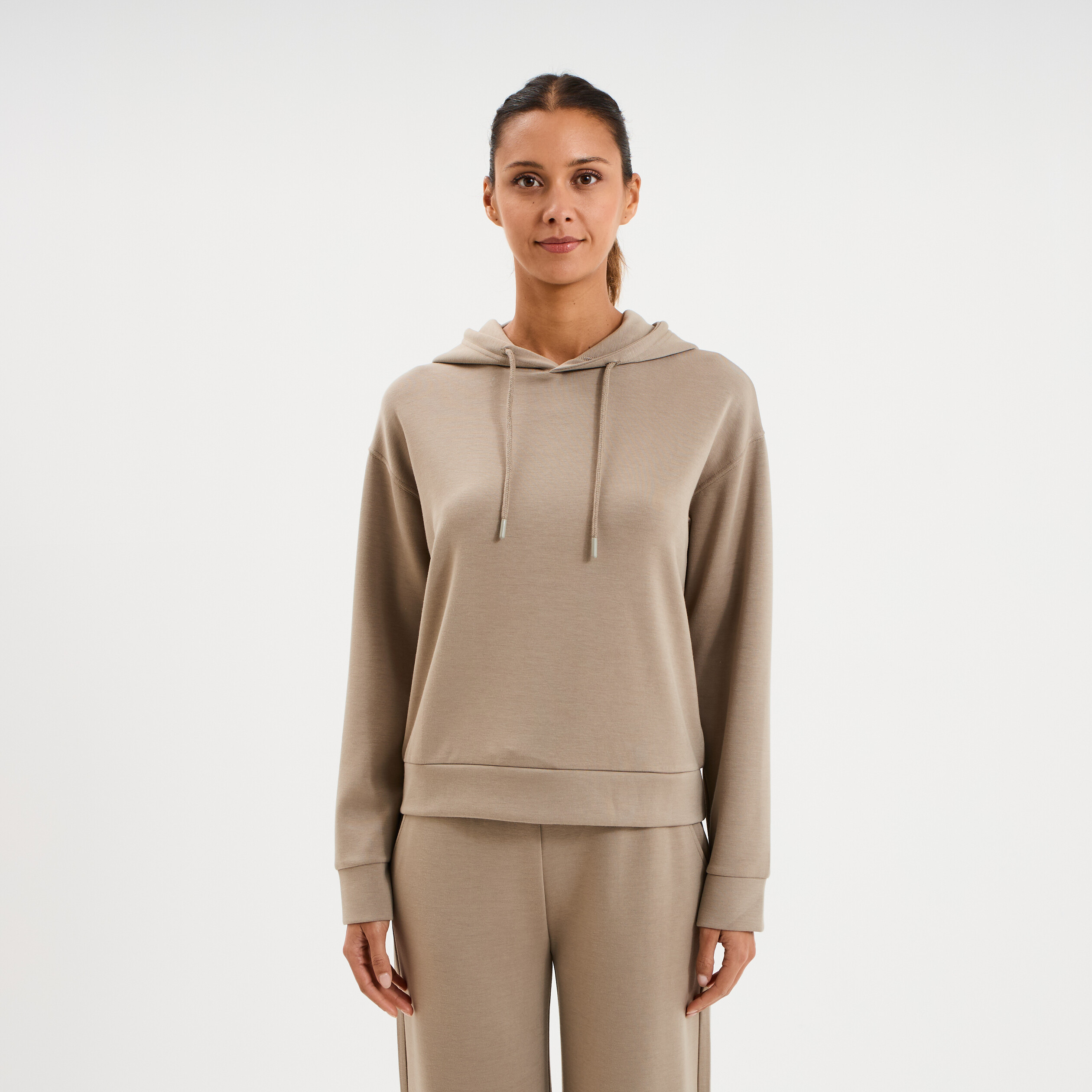 Sweat hoodie manches longues &agrave; capuche taupe femme