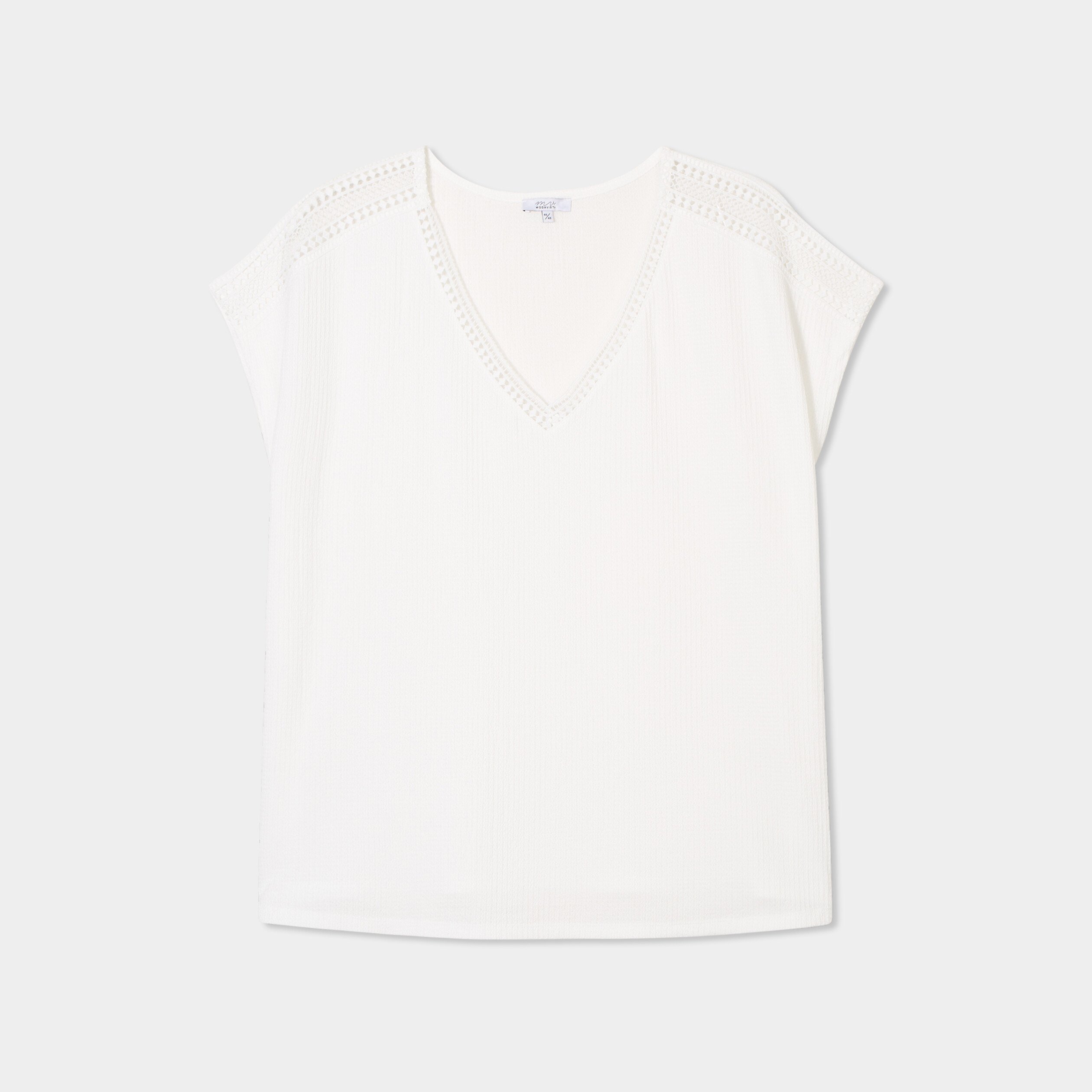 t shirt bandes dentelle col en v blanc femmegt T-shirt bandes dentelle col en V blanc femme grande taille