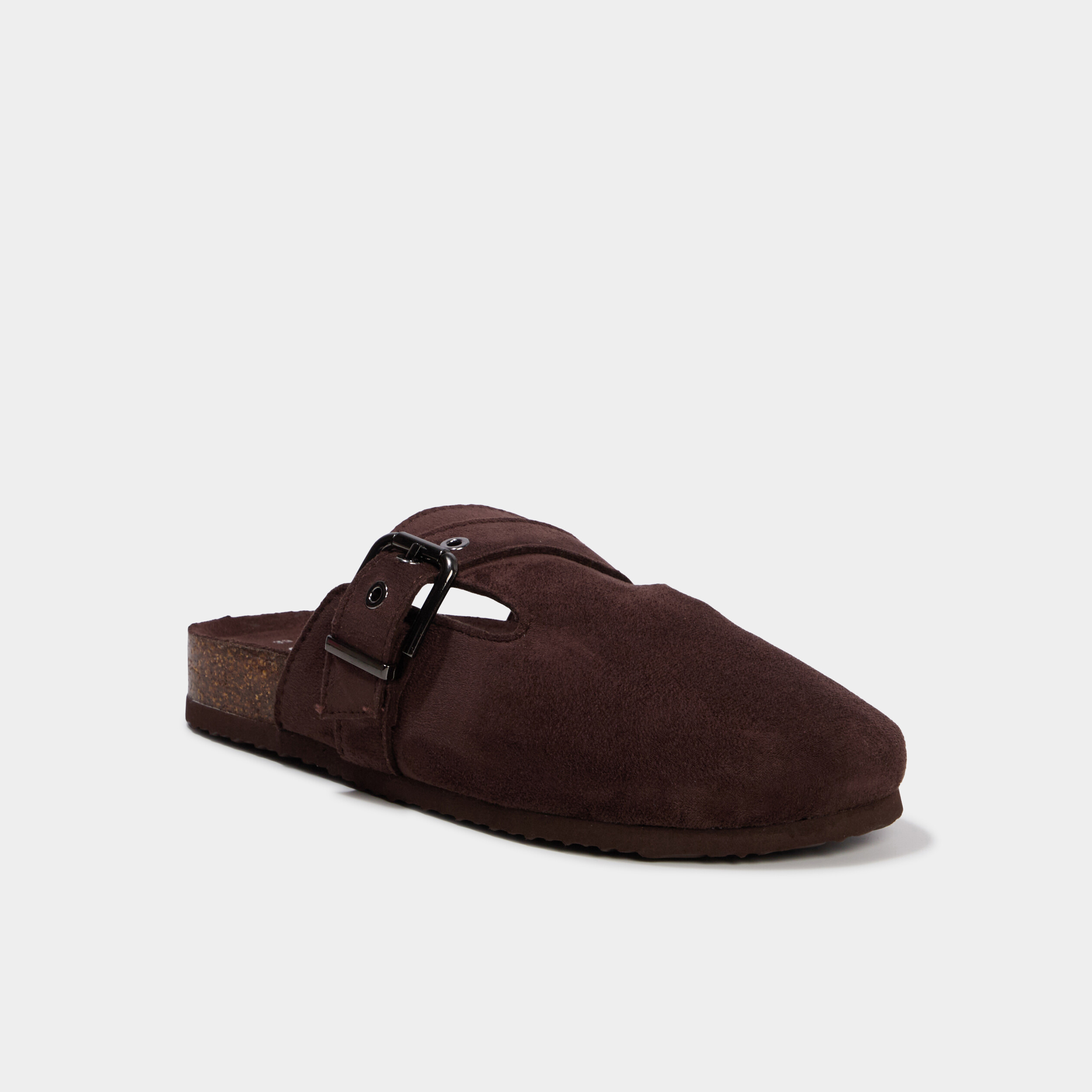Mules su&eacute;dine avec boucles marron fonc&eacute; femme
