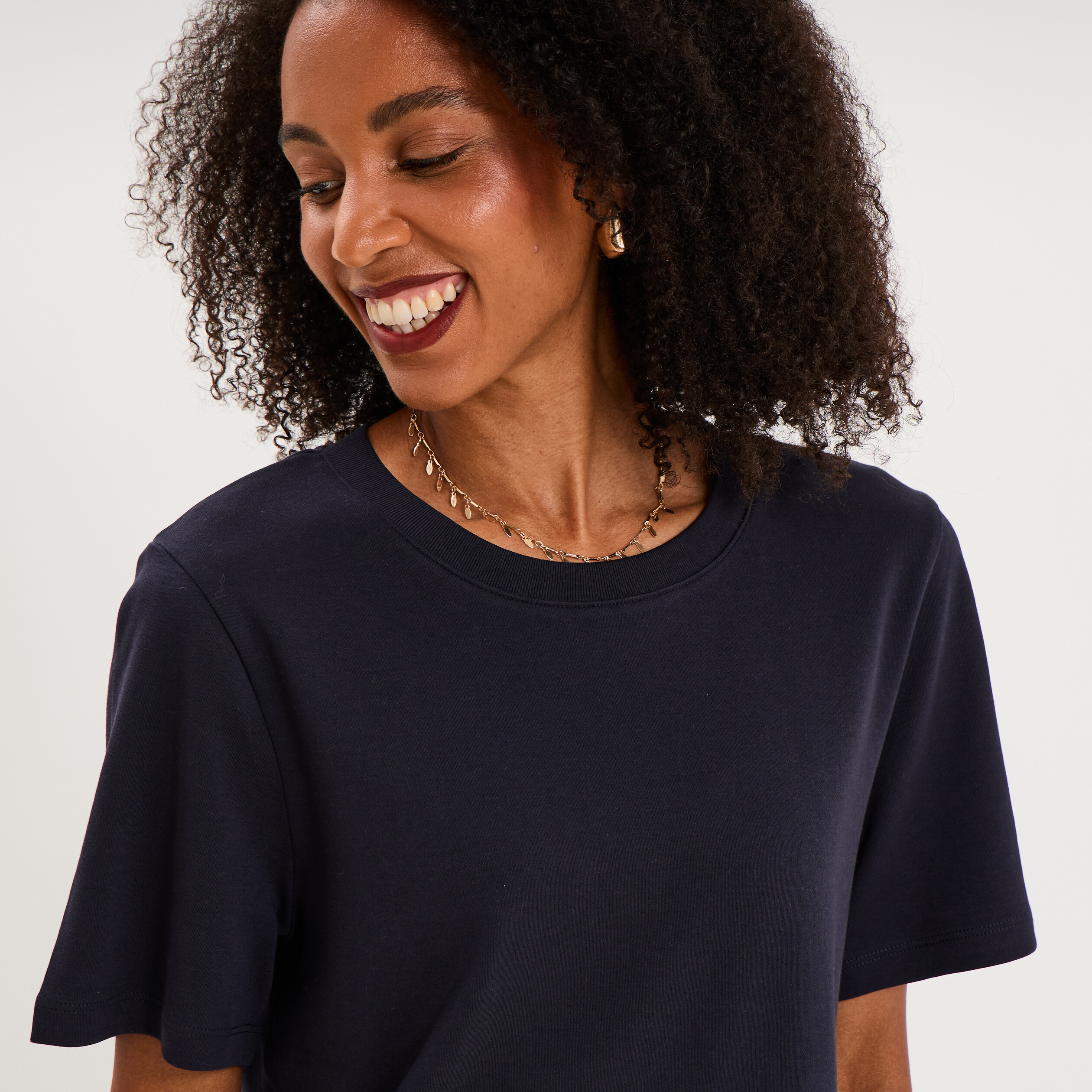 T-shirt manches courtes col rond coton bleu fonc&eacute; femme