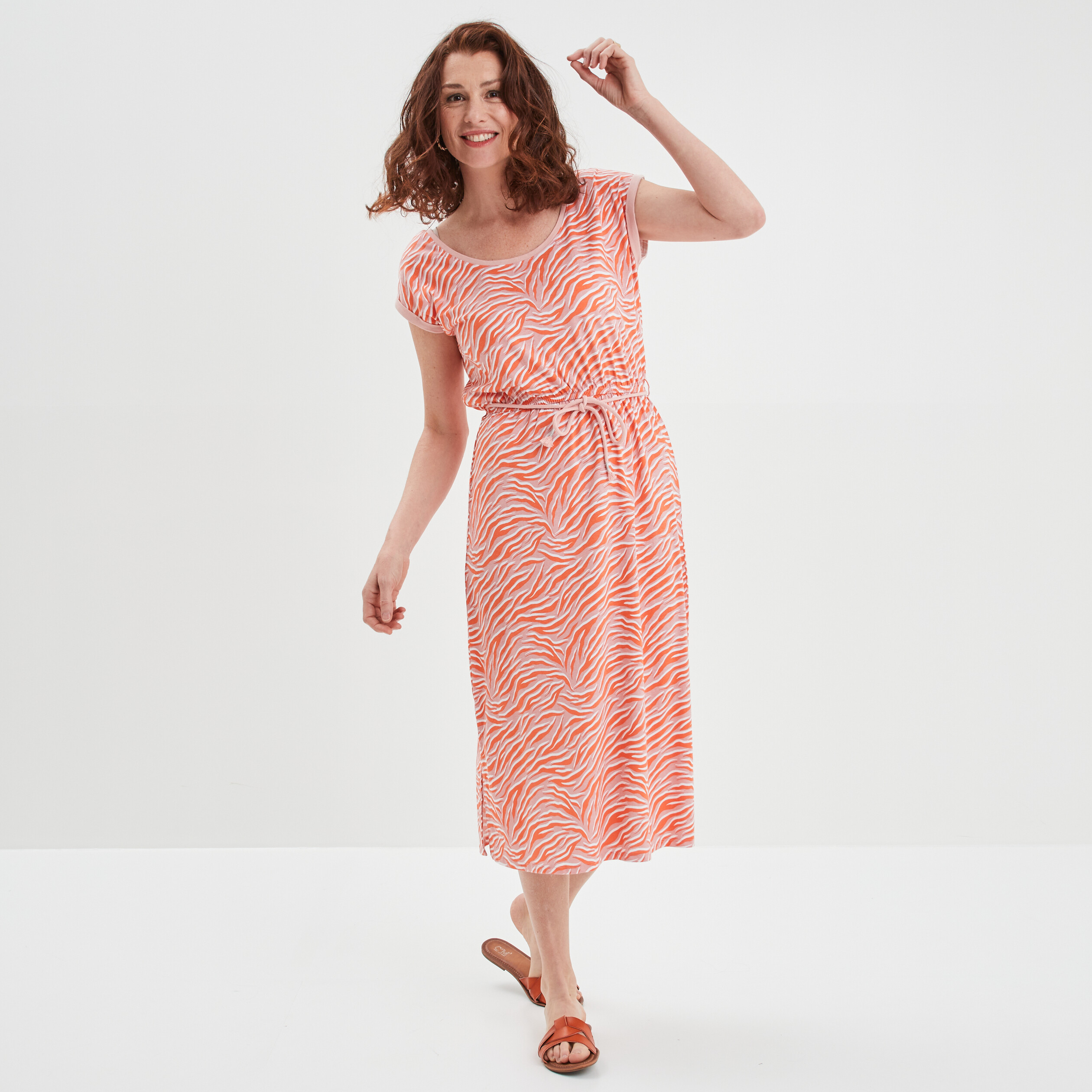 Robe longue droite fluide orange clair femme