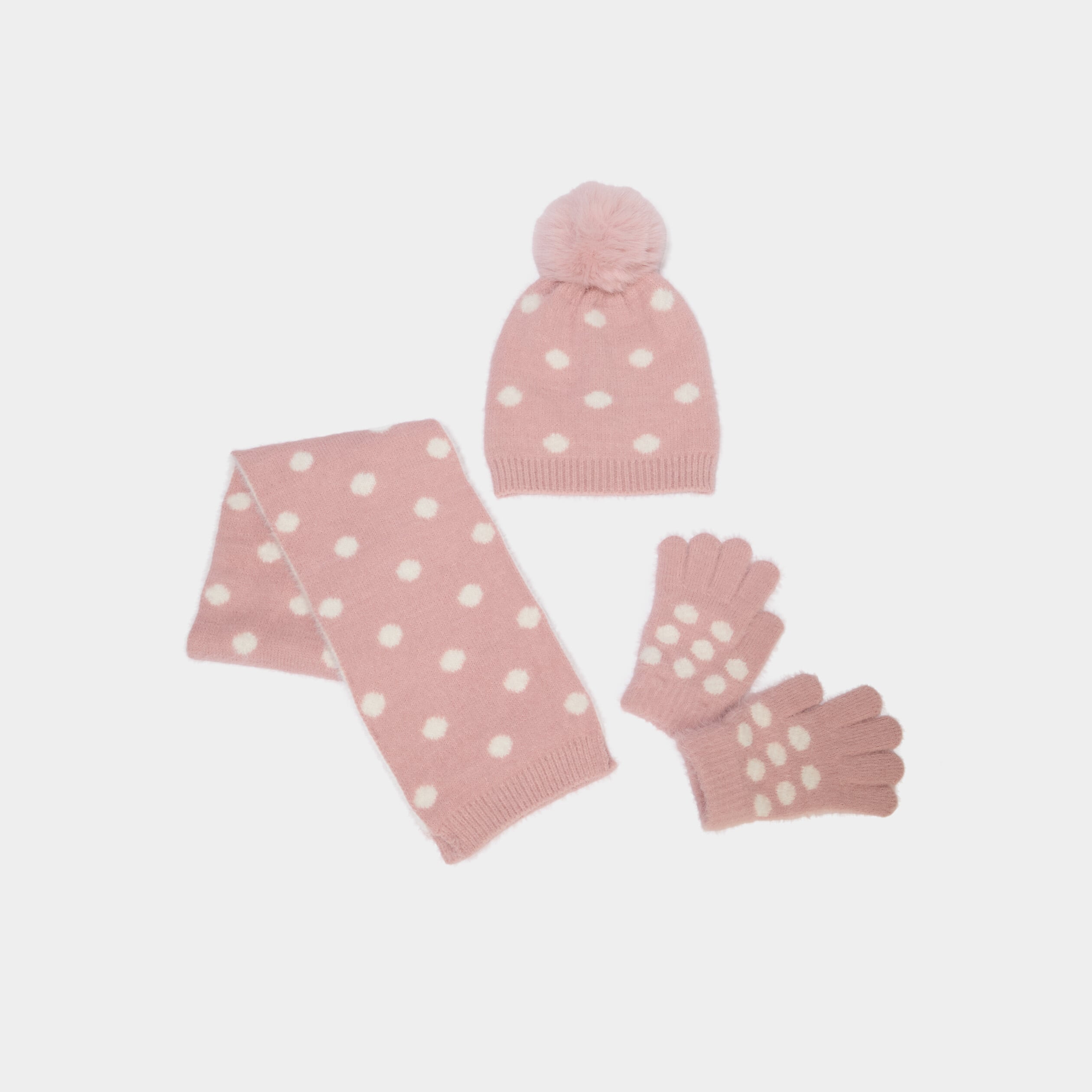 Ensemble &eacute;charpe, bonnet pompon et gants rose fille