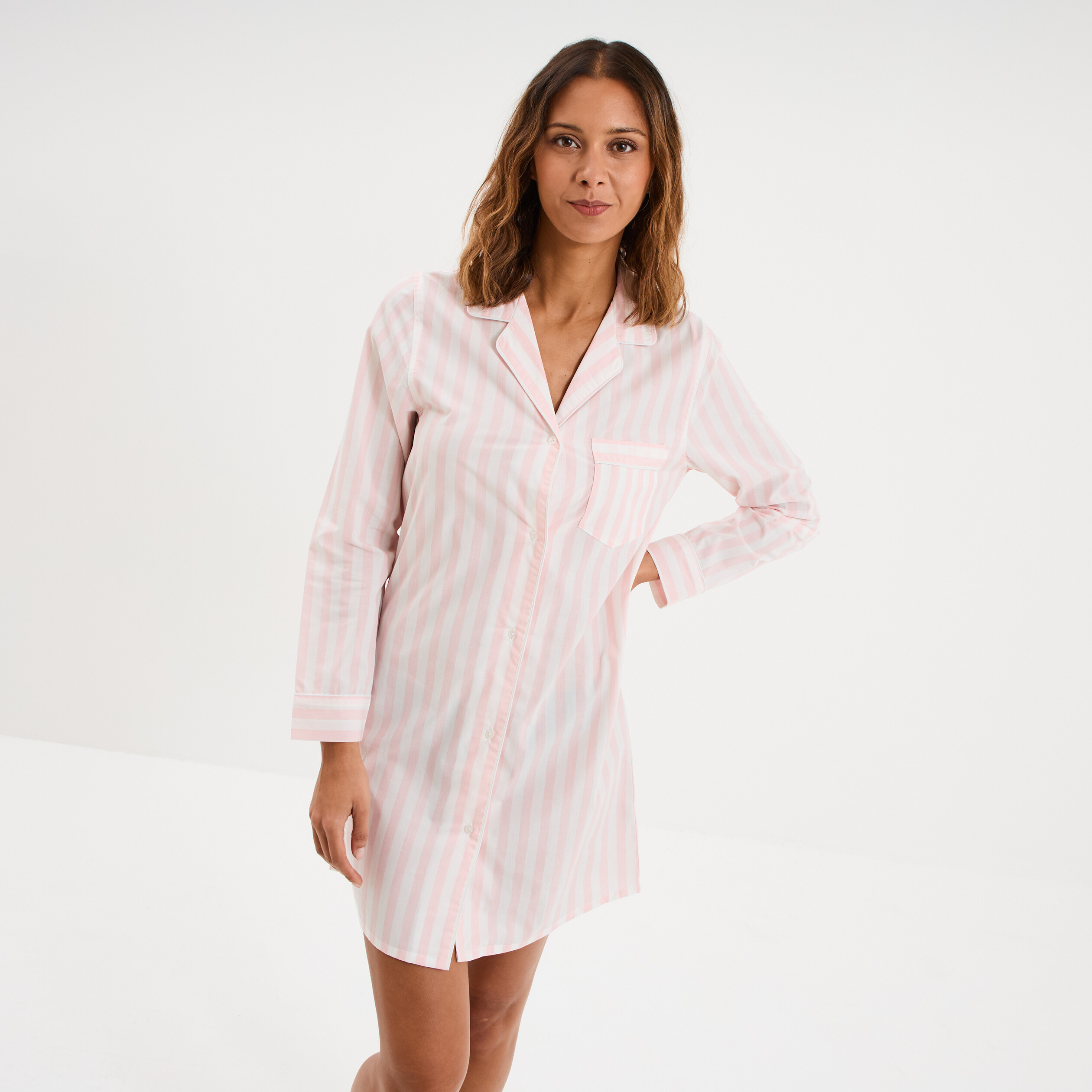 Chemise de nuit manches longues coton ecru femme