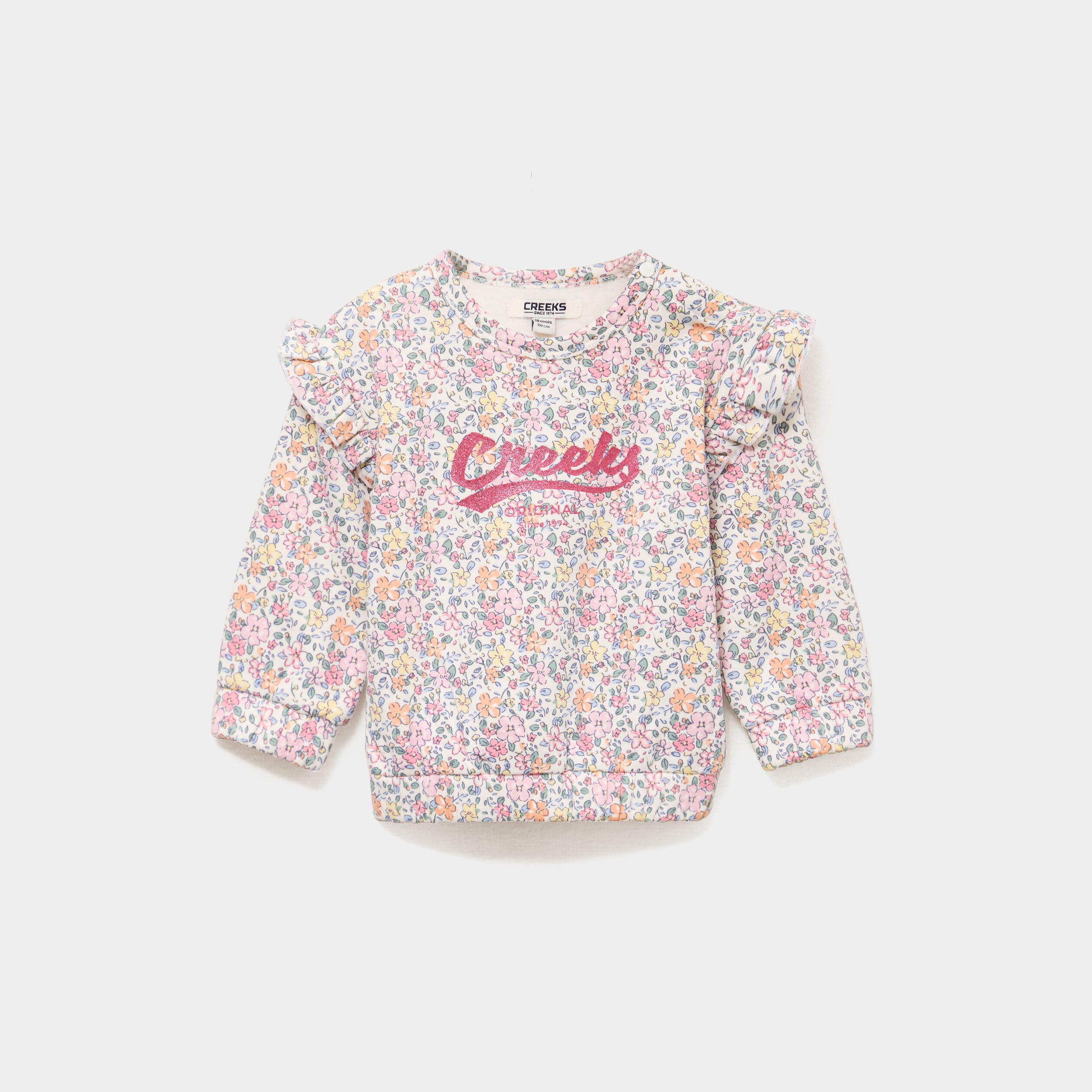 Sweat col rond molletonn&eacute; avec volants ecru b&eacute;b&eacute; fille
