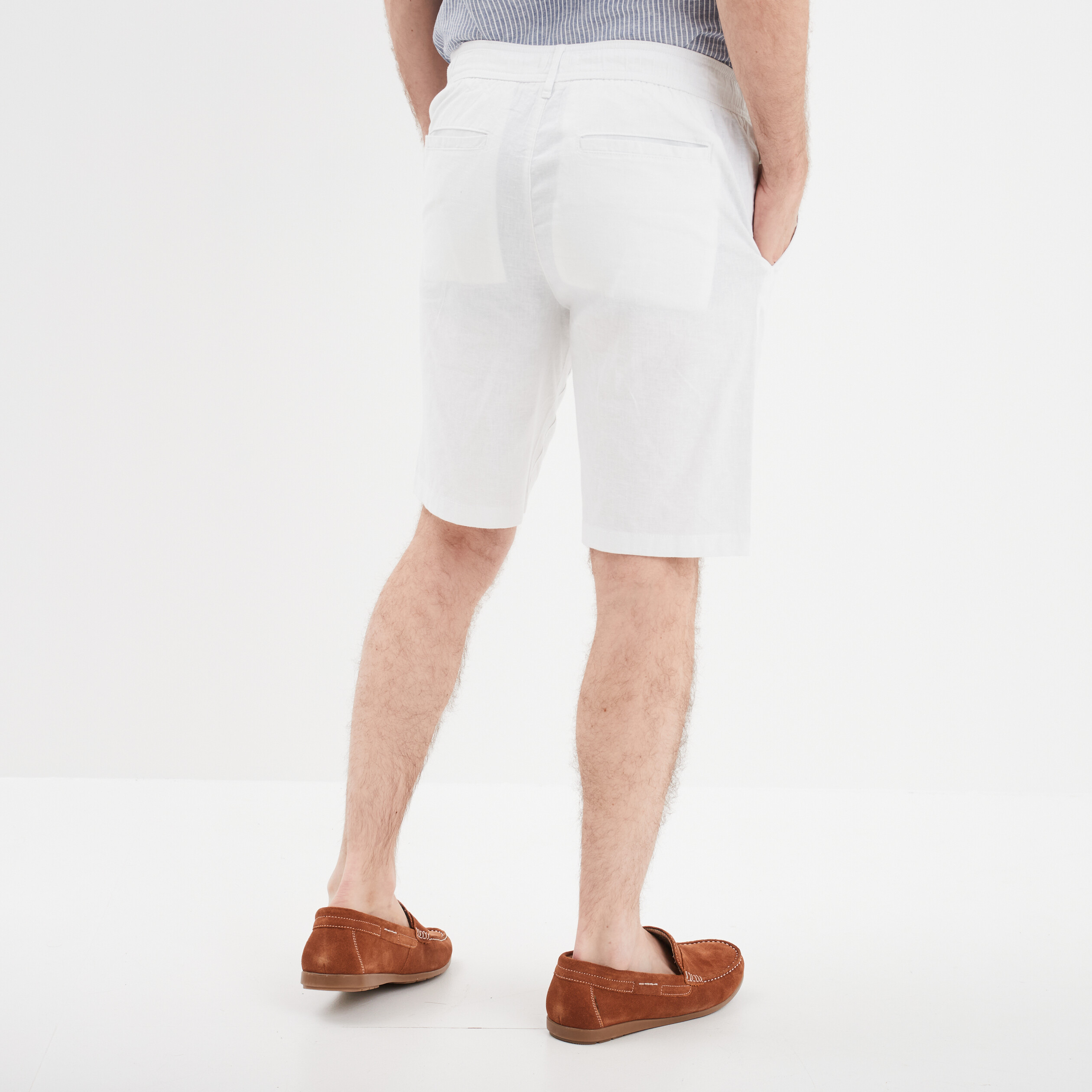 bermuda chino a coulisse lin melange blanc homme Bermuda chino à coulisse lin mélangé blanc homme