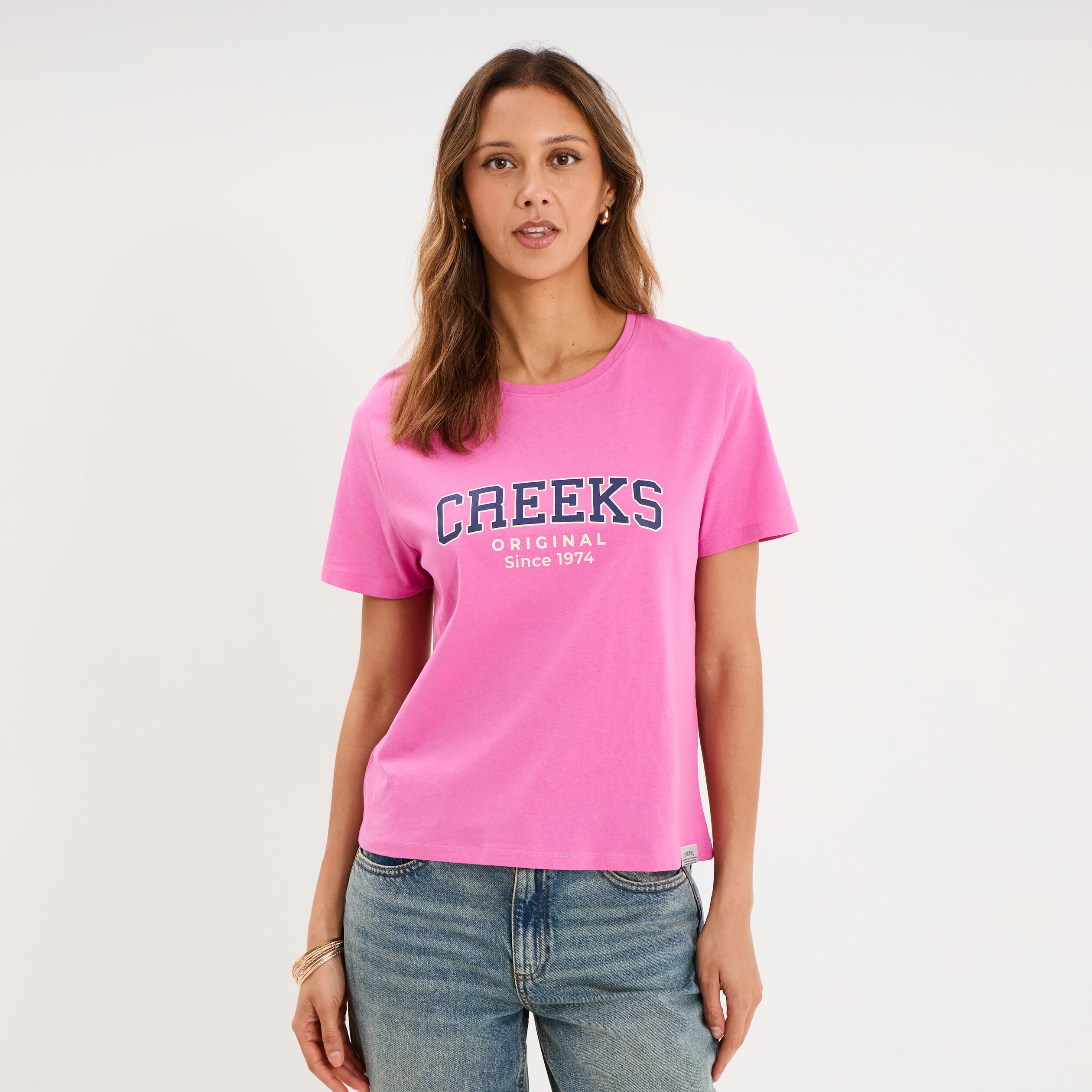 T-shirt col rond manches courtes rose fushia femme