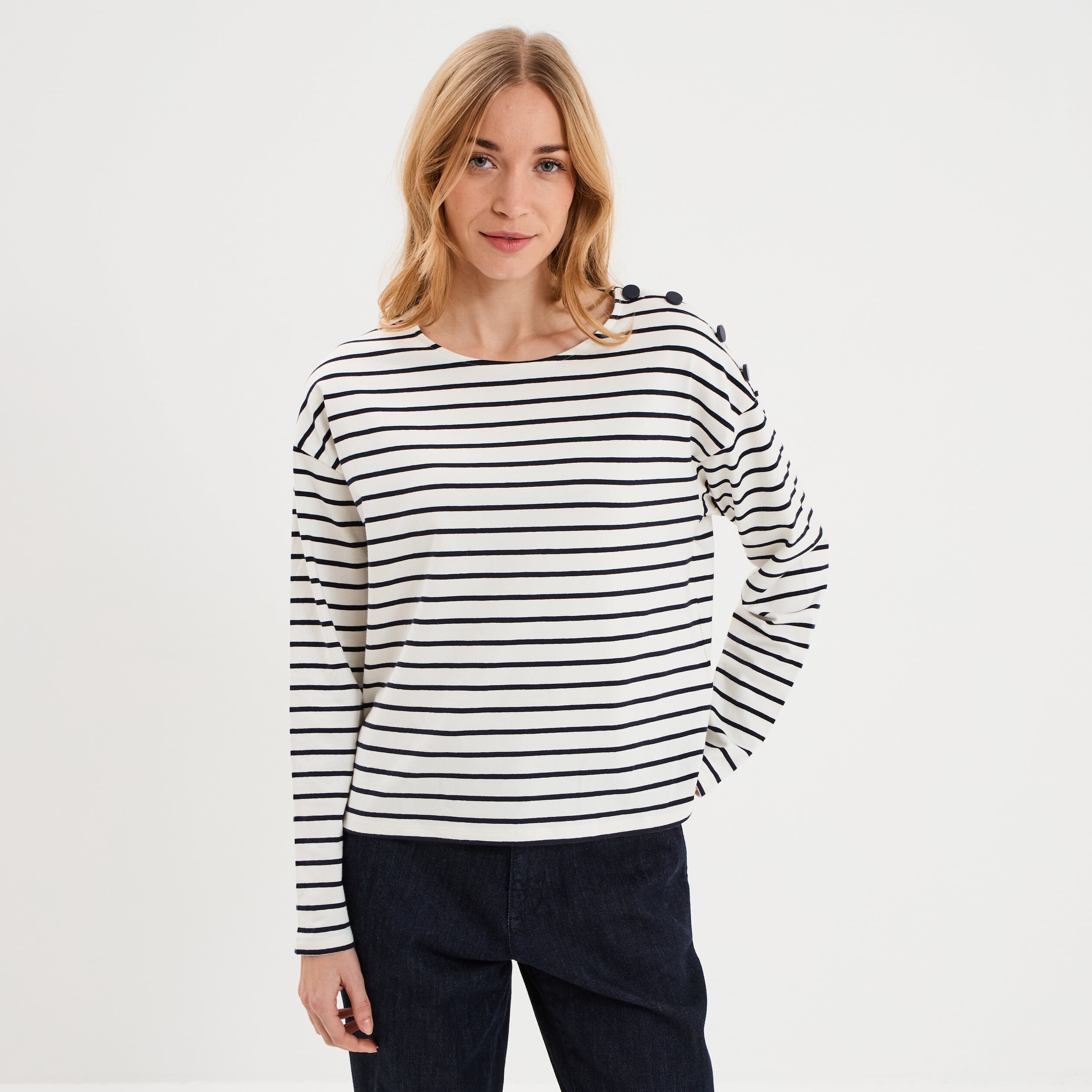 T-shirt marini&egrave;re col rond avec boutons ecru femme