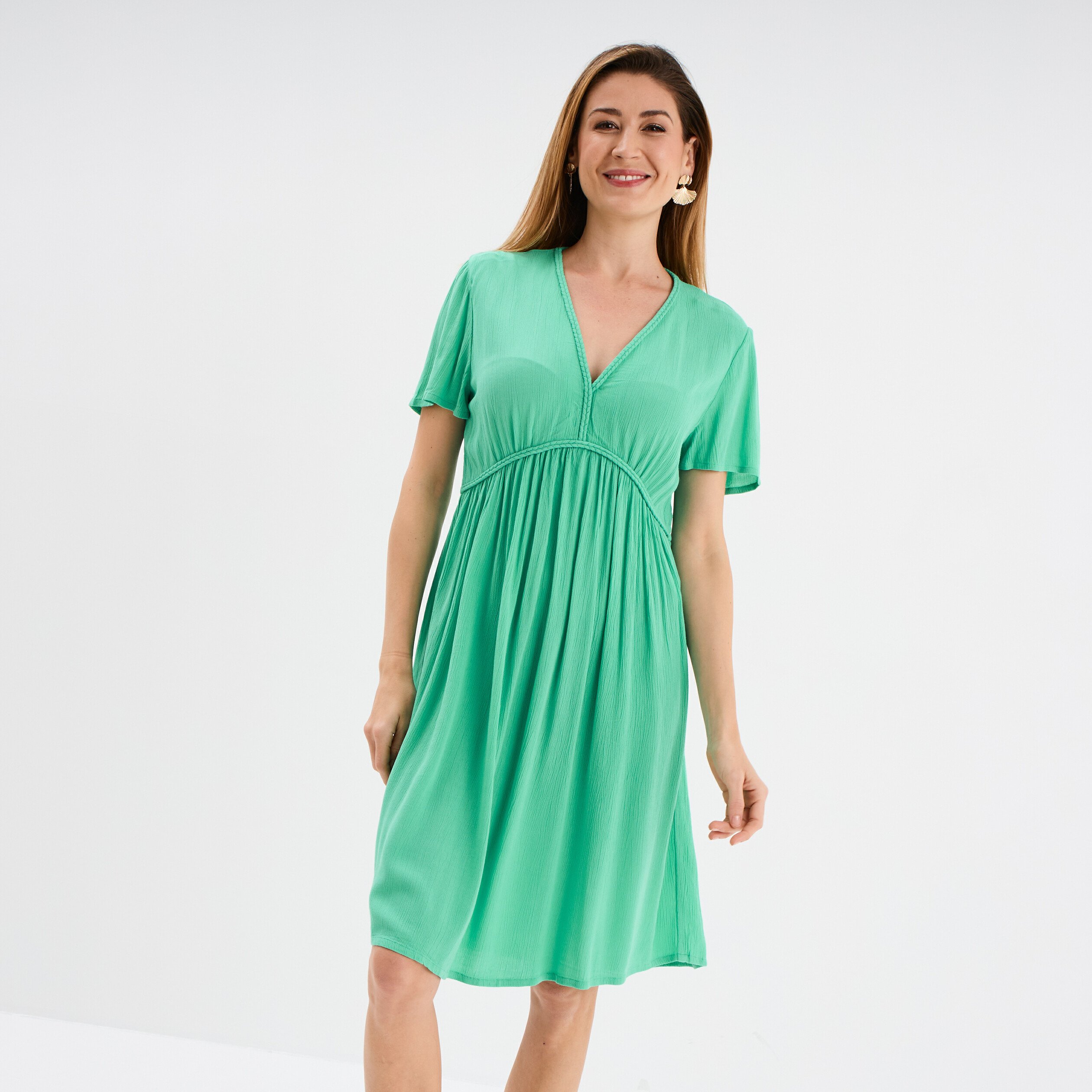 robe col en v details tresses vert menthe femme Robe col en V détails tressés vert menthe femme