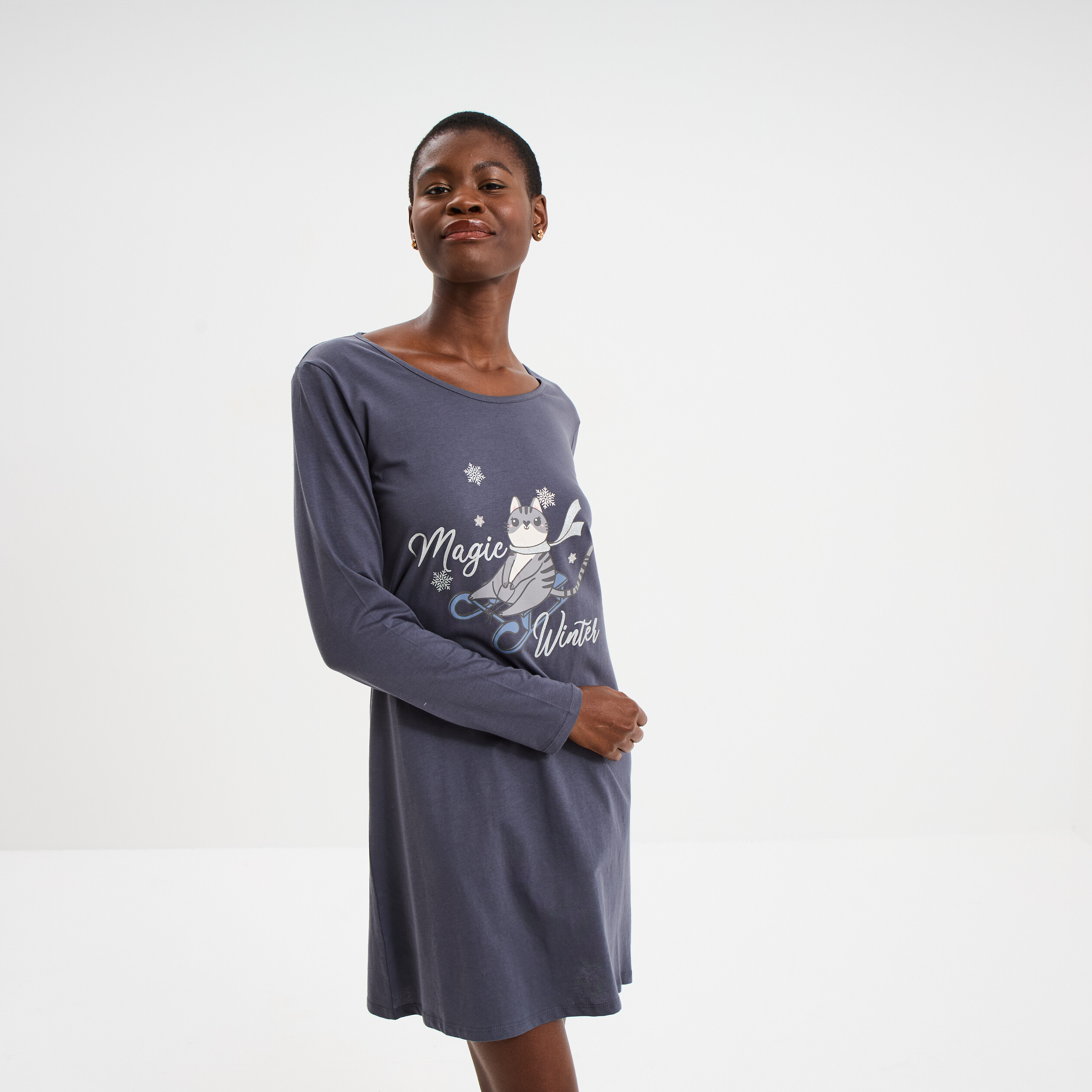 Chemise de nuit manches longues coton bleu gris femme