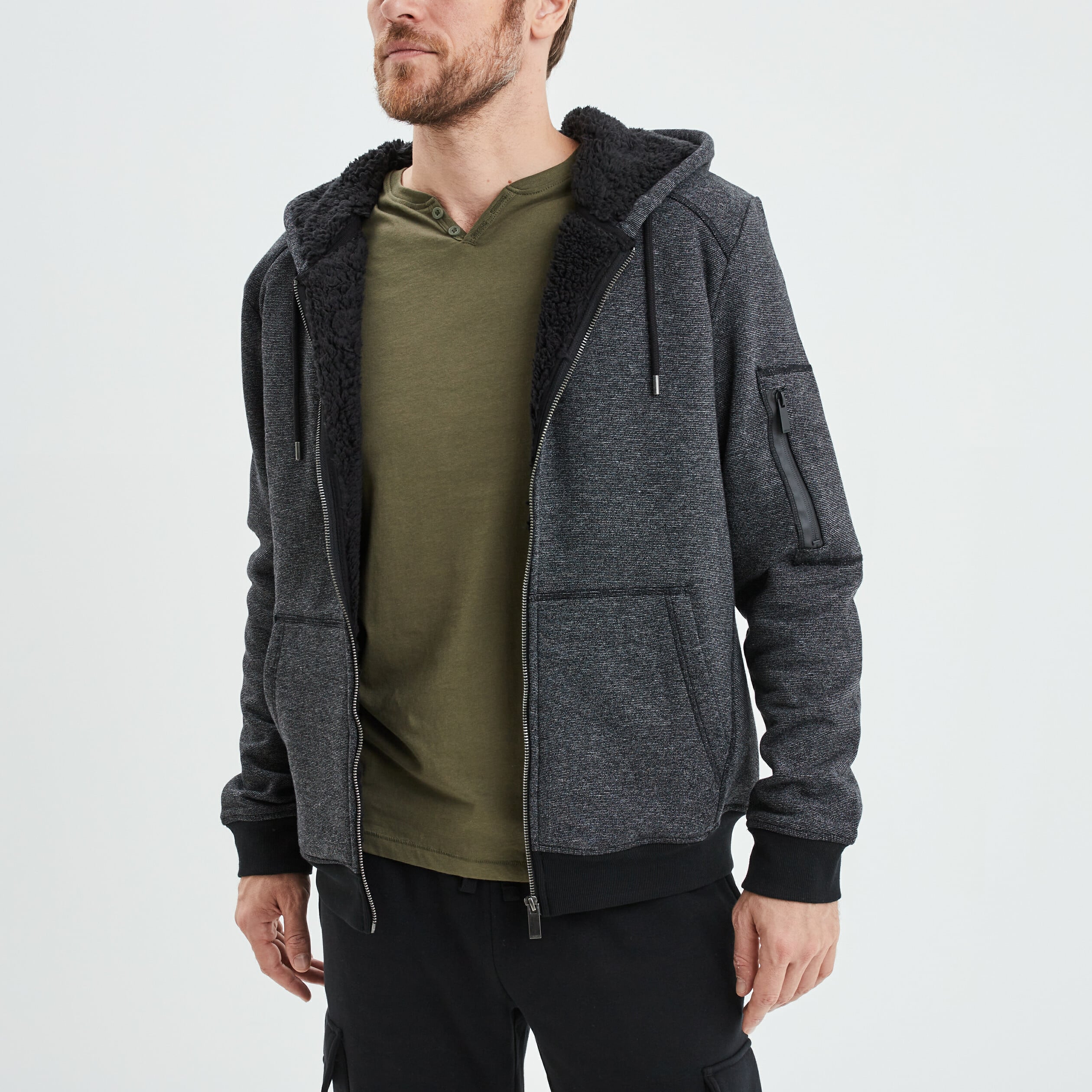 Sweat zipp&eacute; molleton doubl&eacute; sherpa gris fonc&eacute; homme