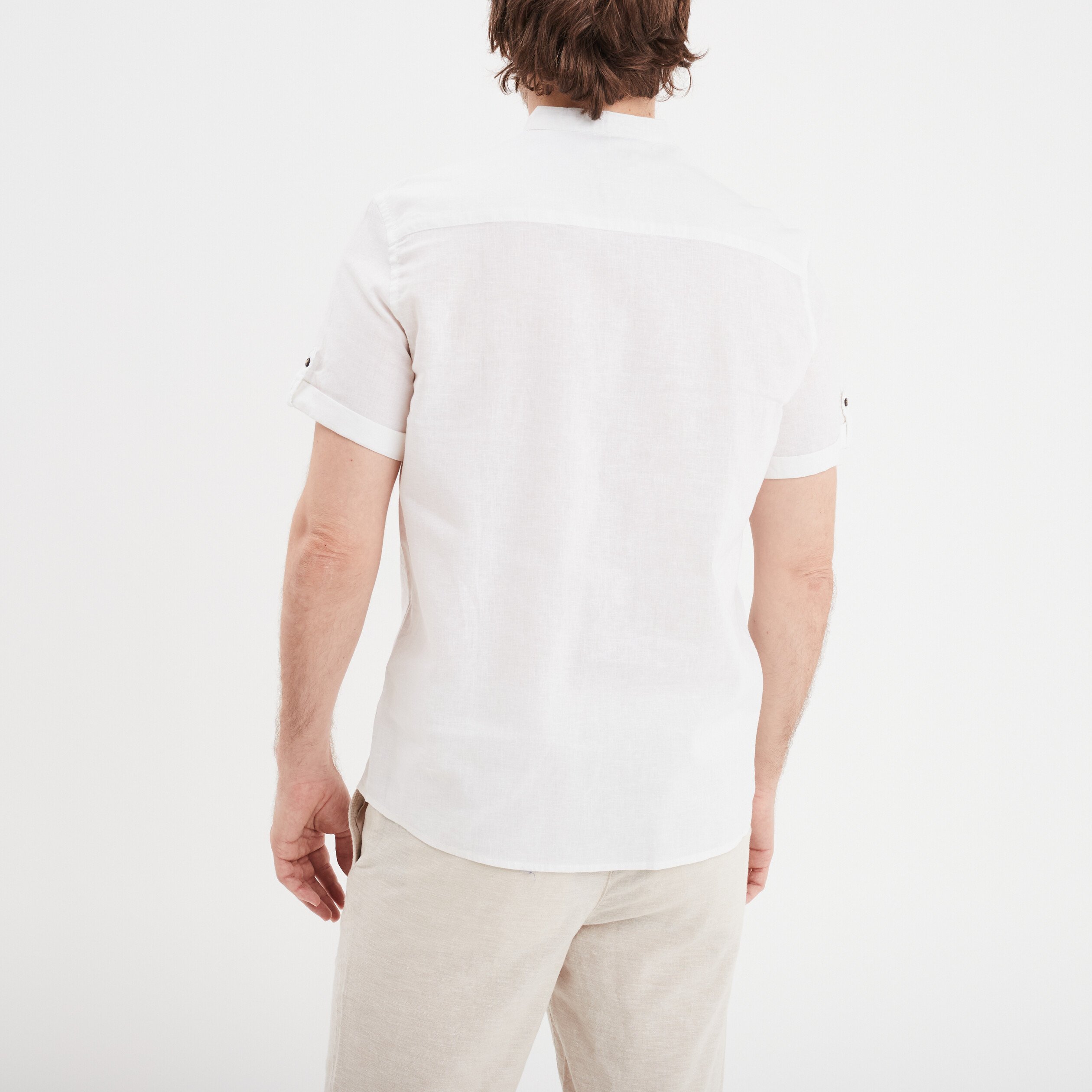 Chemise col mao lin mélangé blanc homme