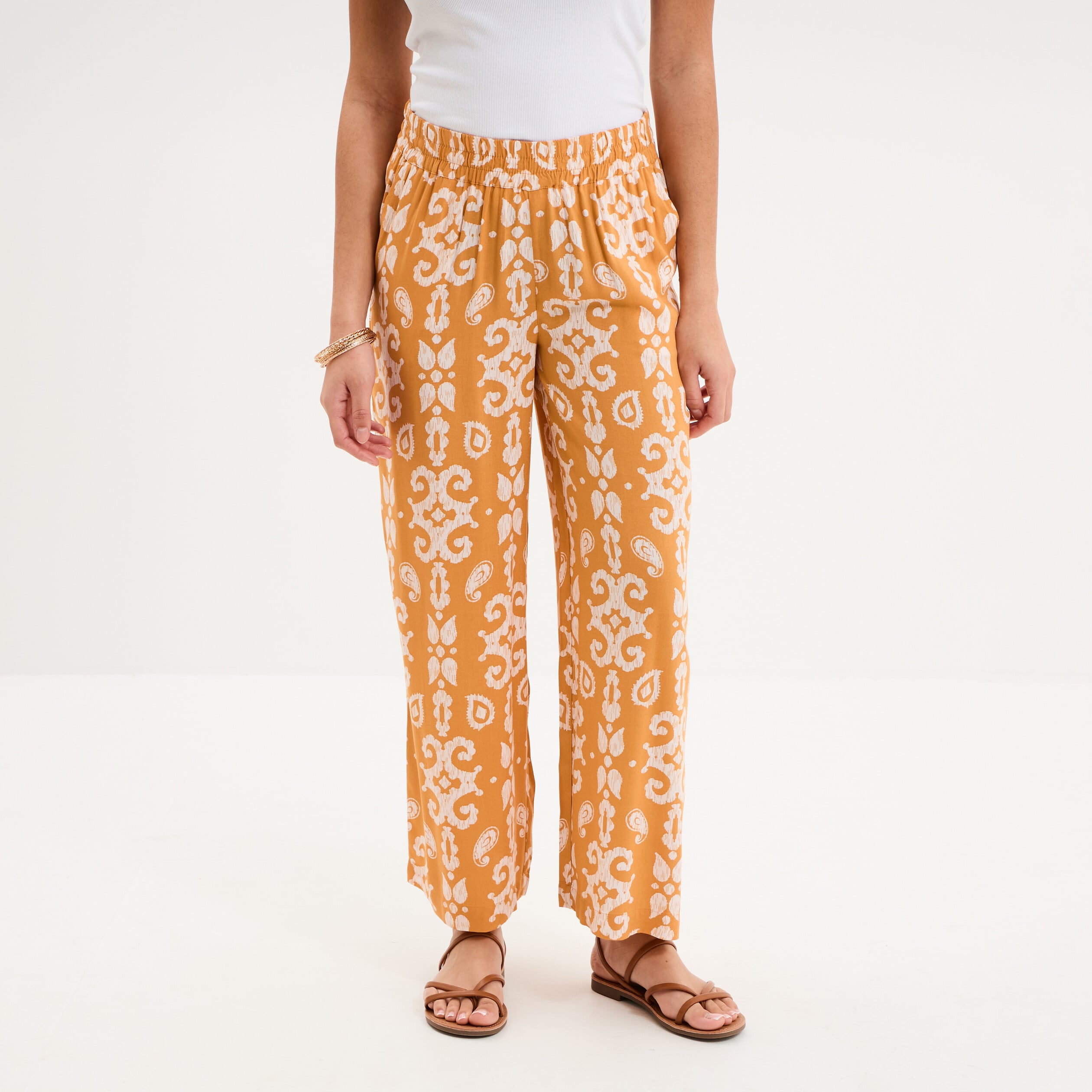 Pantalon fluide large taille &eacute;lastiqu&eacute;e jaune ocre femme