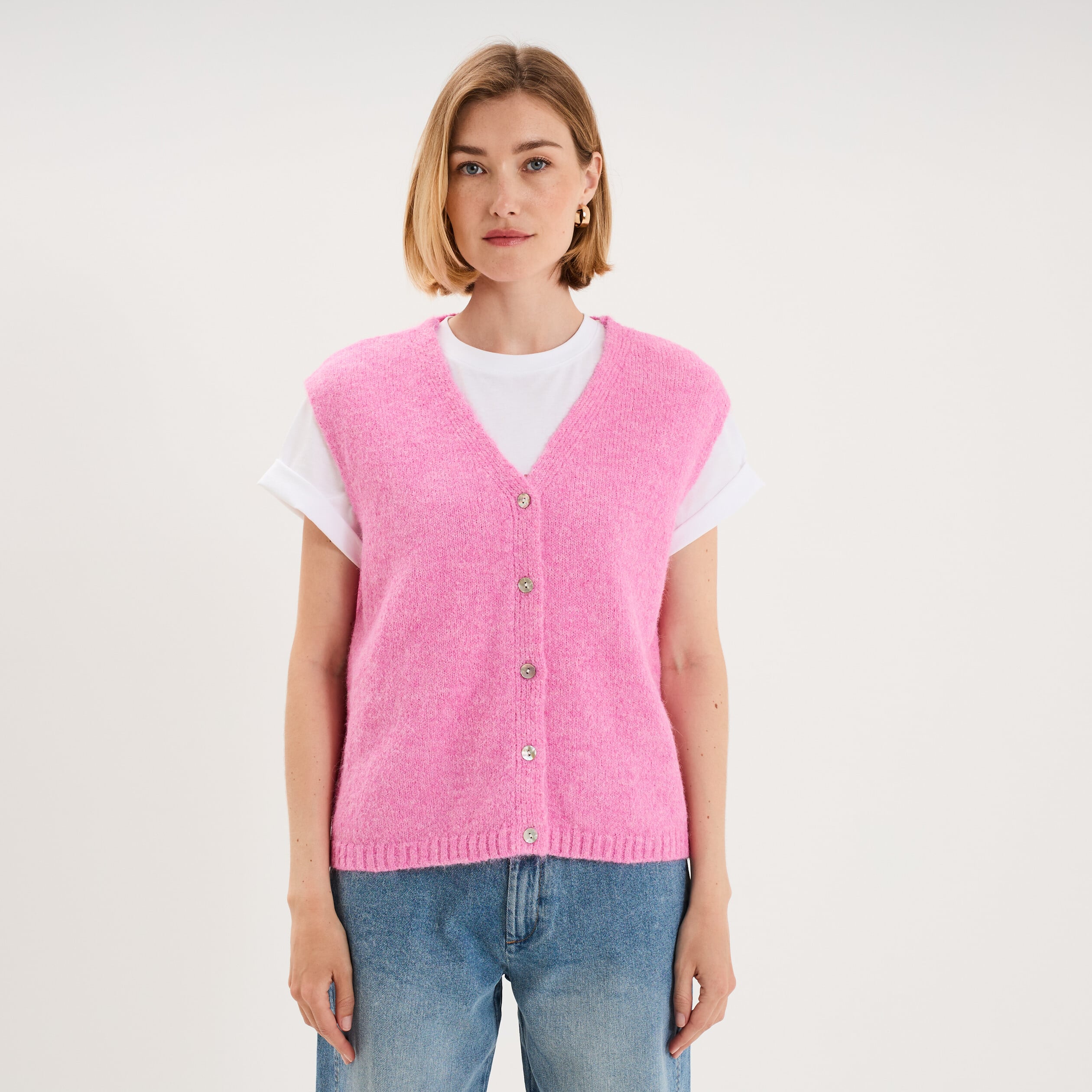 Gilet sans manches col en V rose femme