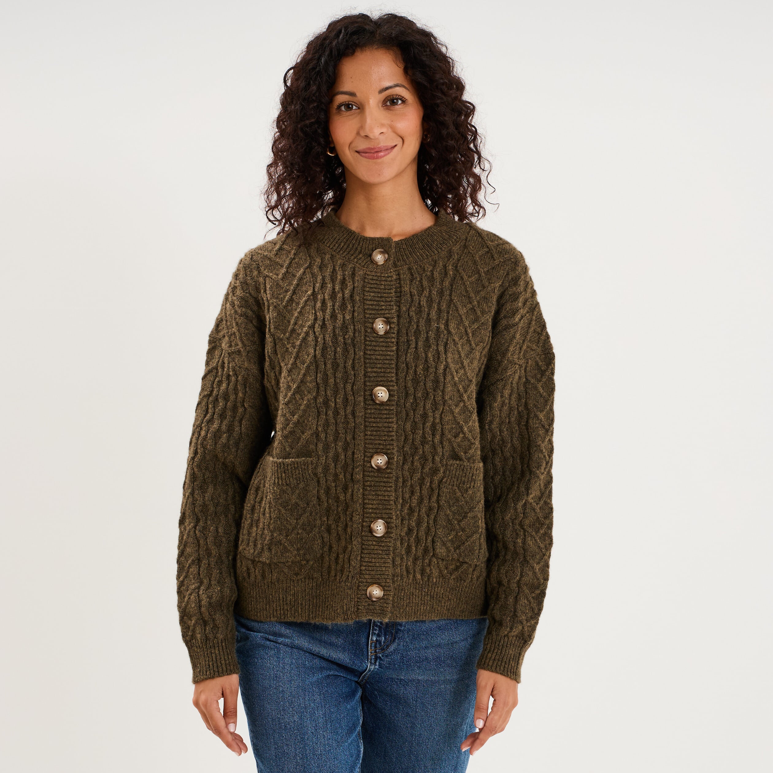 Gilet col rond d&eacute;tails torsades vert kaki femme