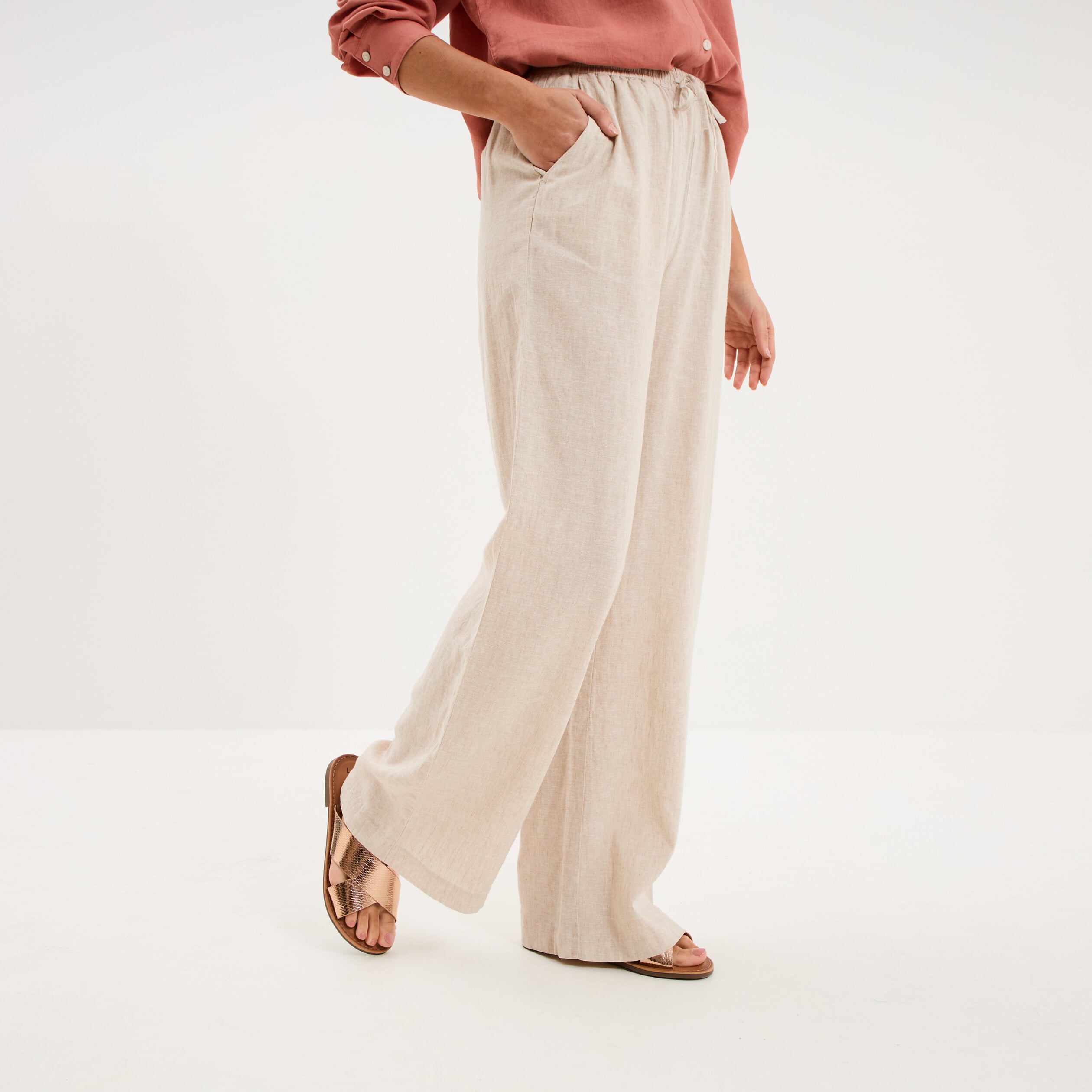 Pantalon large lin m&eacute;lang&eacute; beige femme
