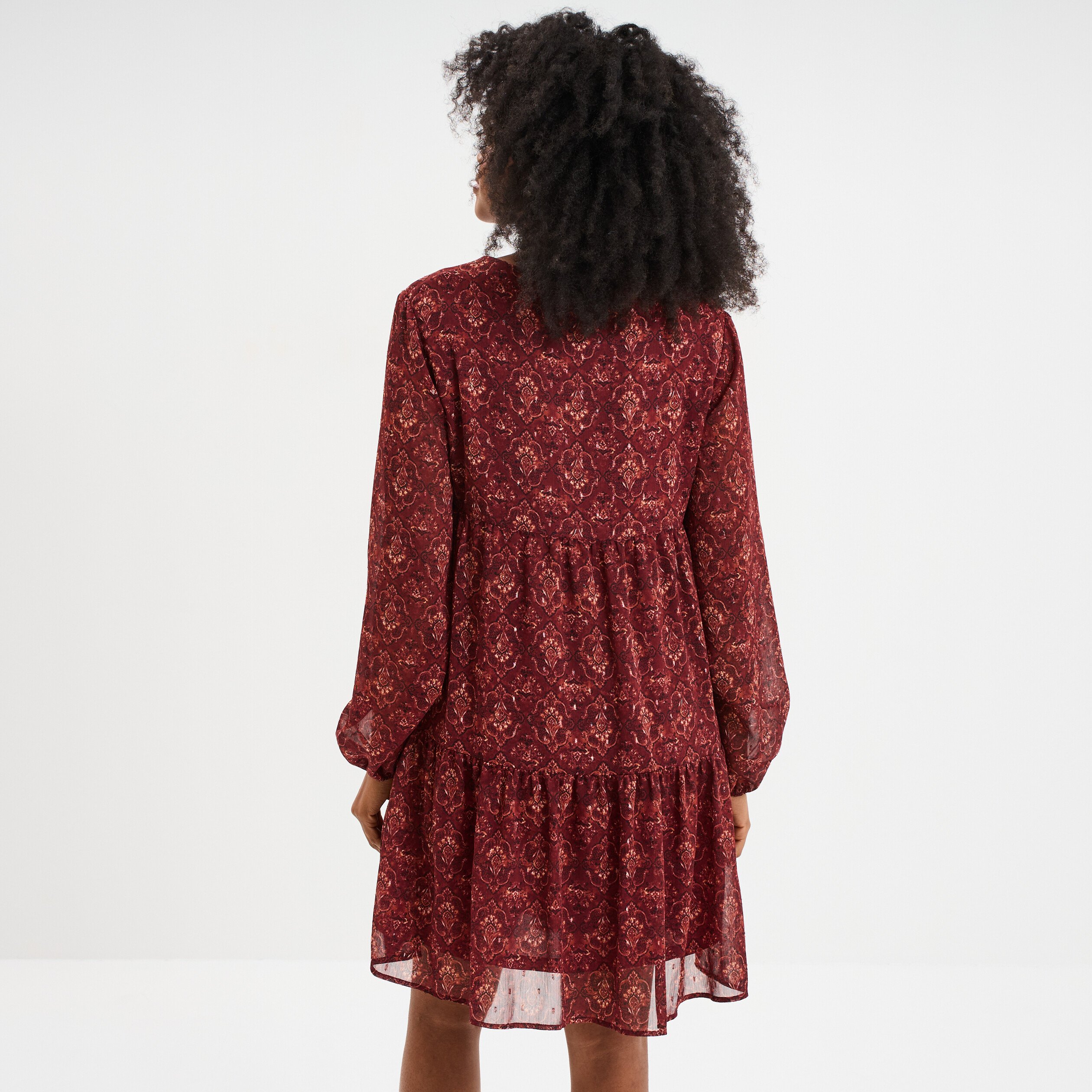 Robe évasée col en V et volants bordeaux femme