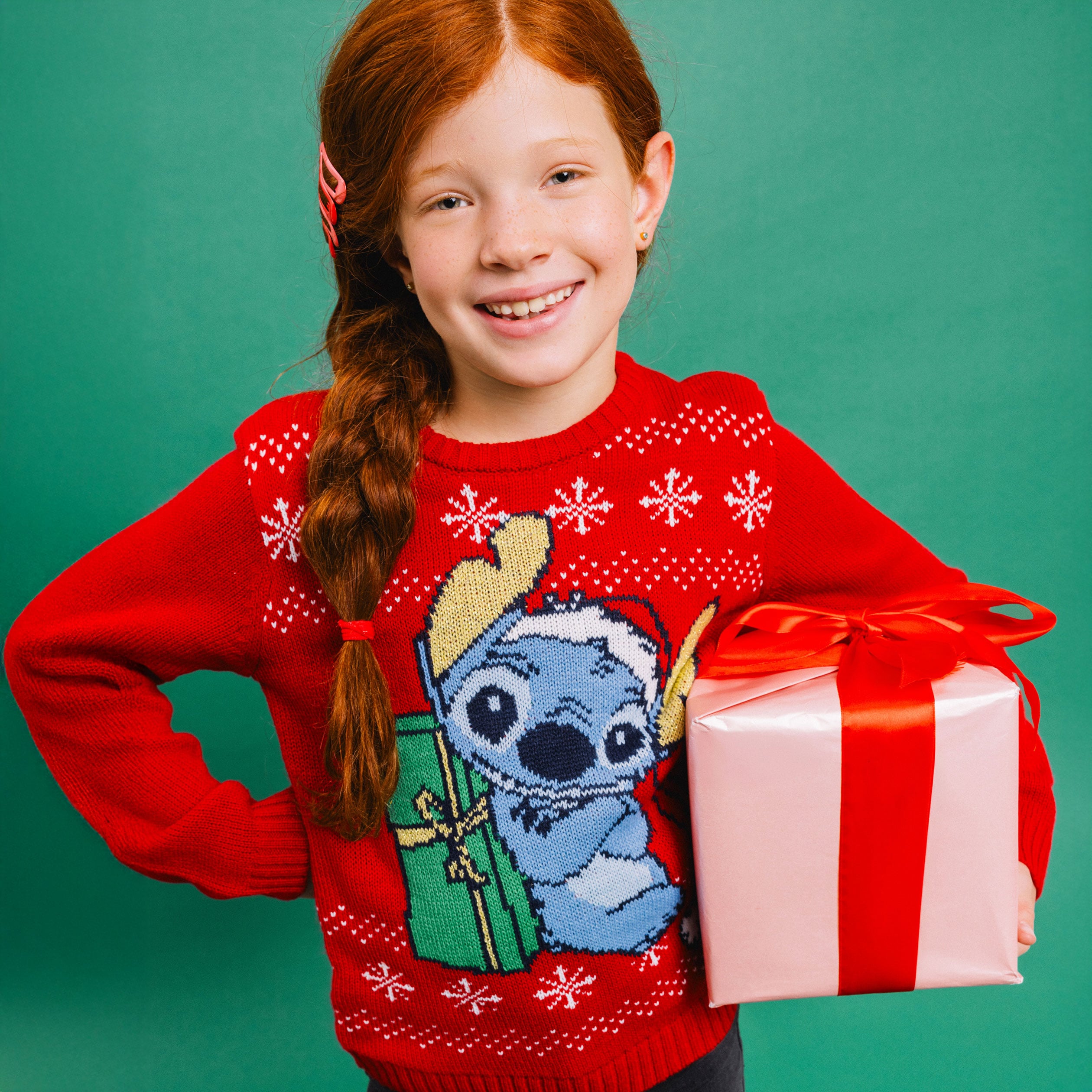 Pull de No&euml;l manches longues Stitch rouge fille