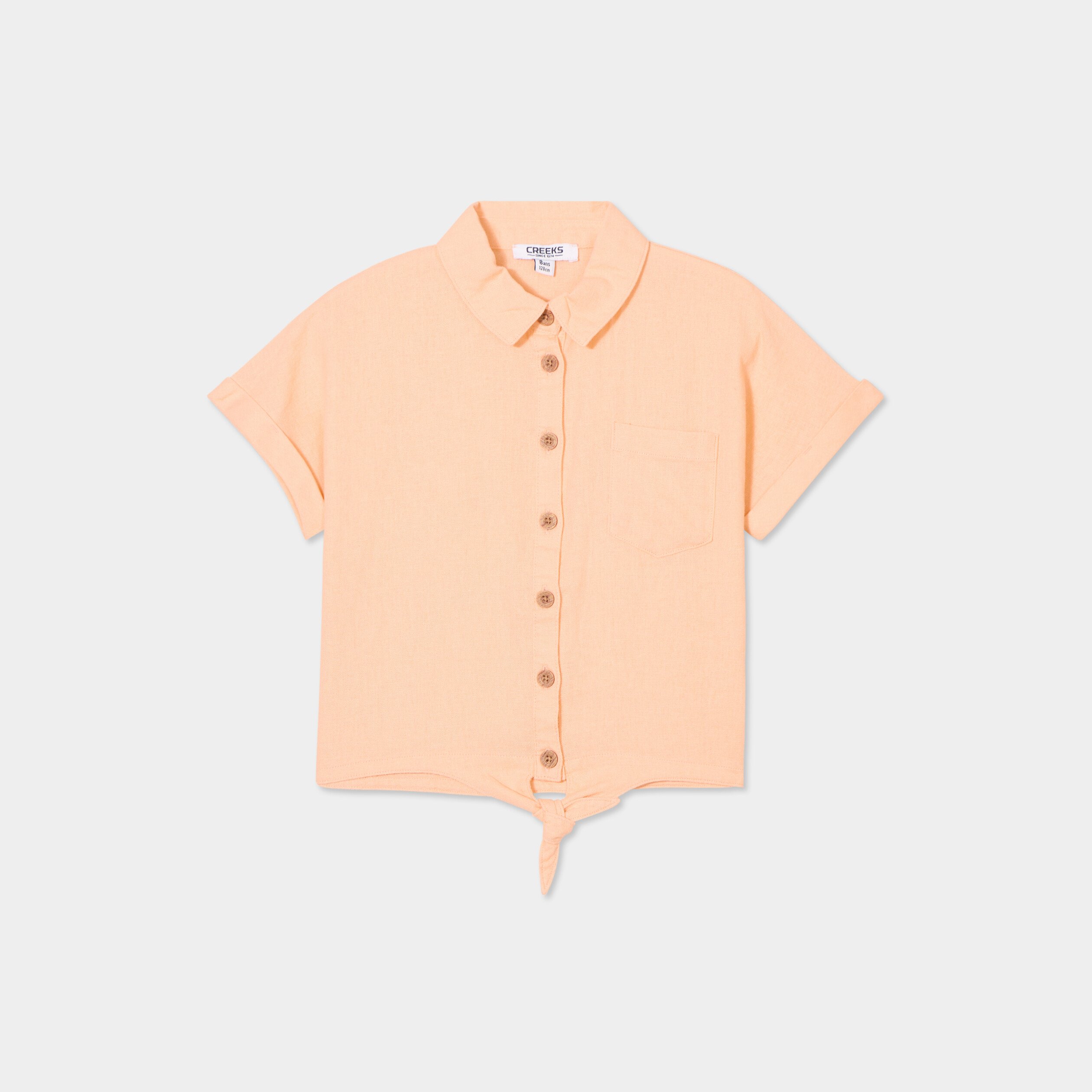 chemise nouee manches courtes en lin rose saumon fille Chemise nouée manches courtes en lin rose saumon fille