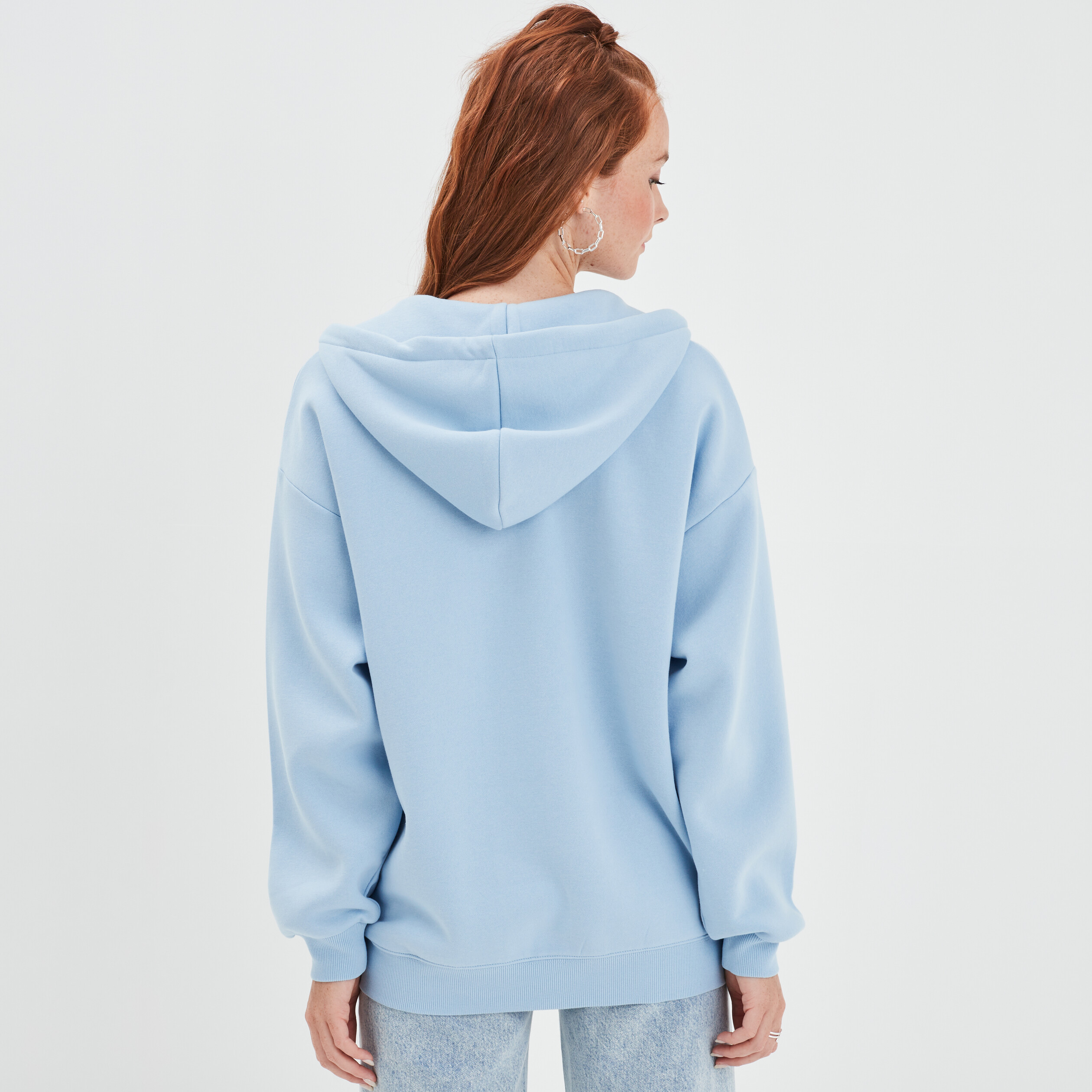 Sweat zippé à capuche oversize mi-long bleu gris femme