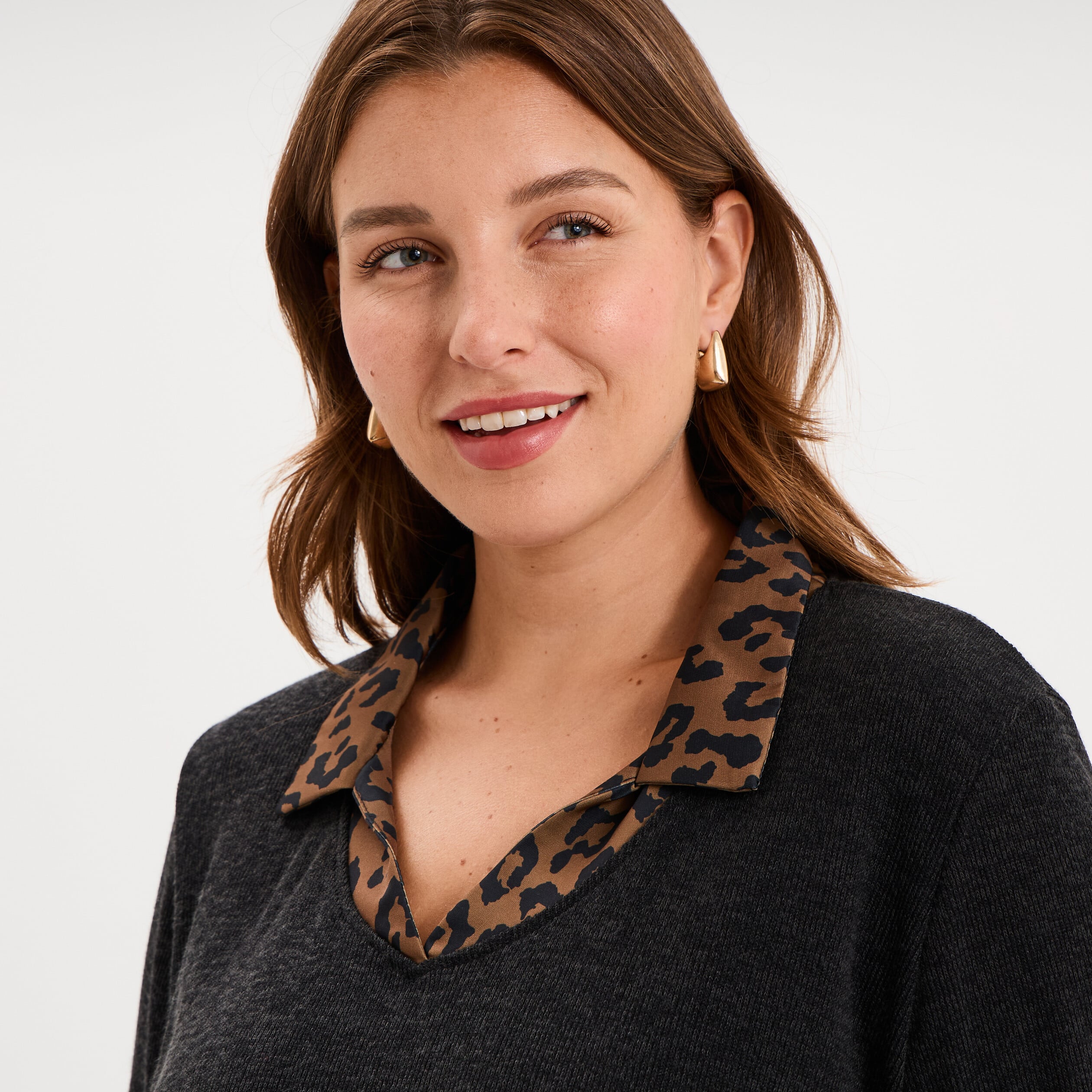 Pull effet 2-en-1 avec manches 3/4 vert kaki femme grande taille