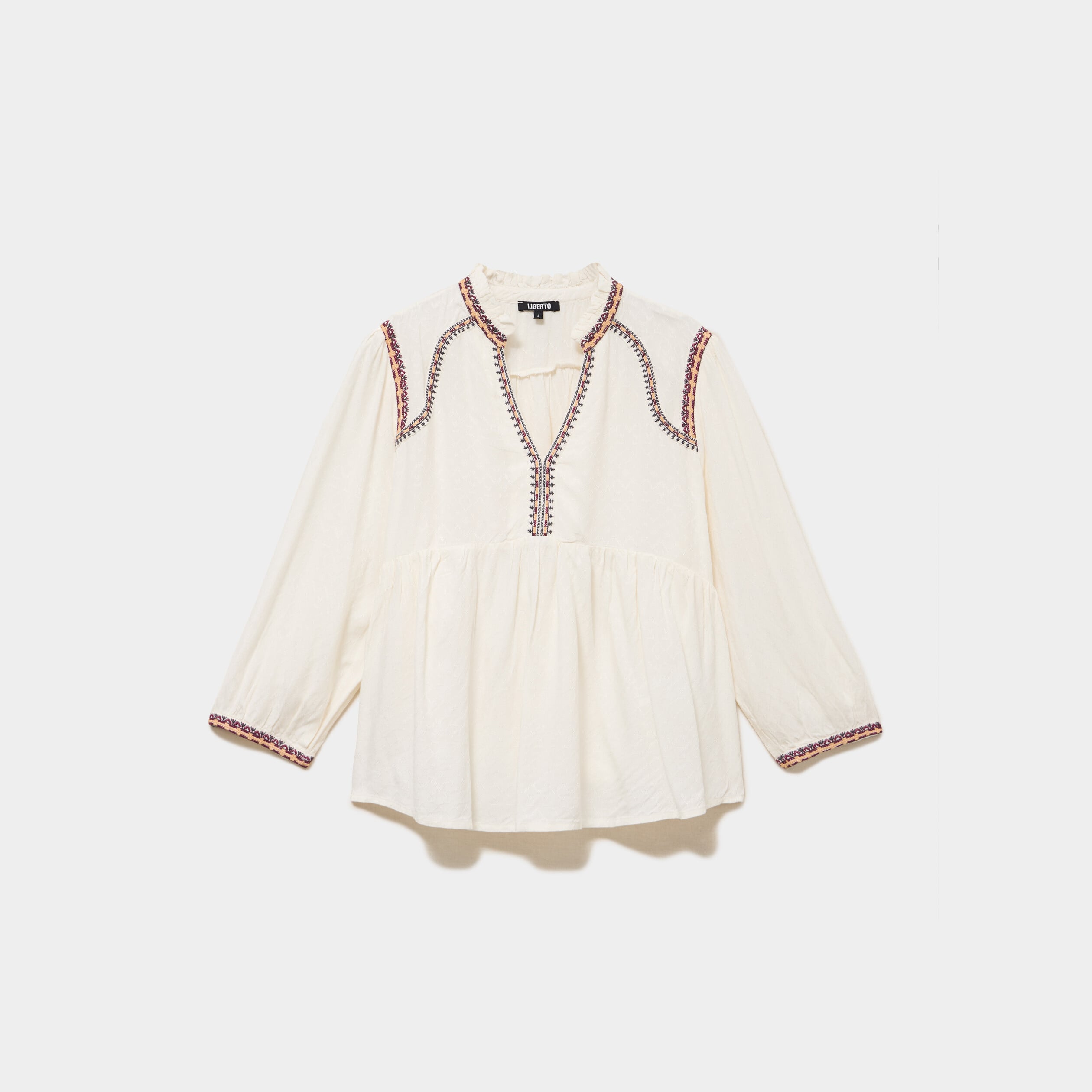 Blouse col tunisien avec broderie ecru femme