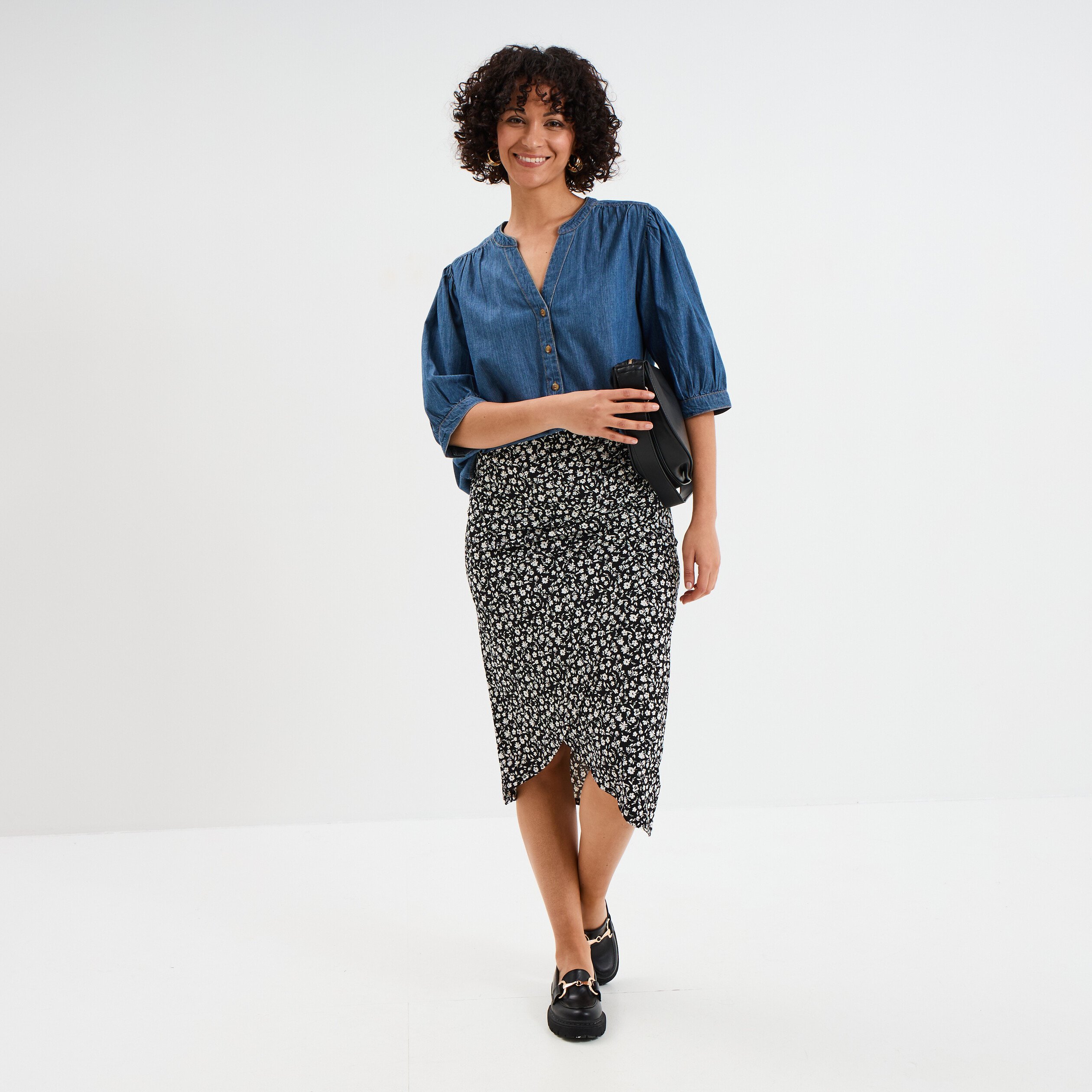 Jupe midi portefeuille noir femme
