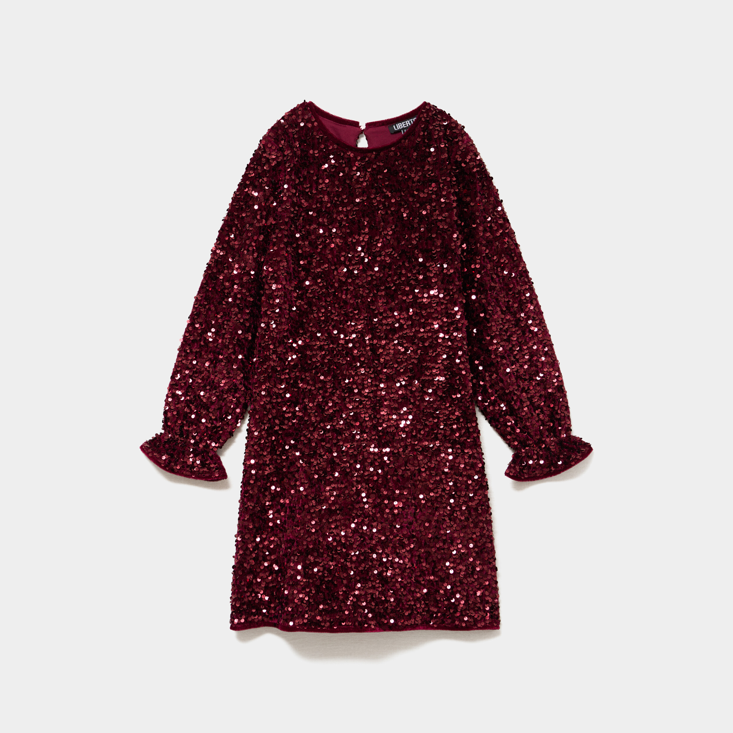 Robe courte &agrave; sequins manches longues bordeaux fille