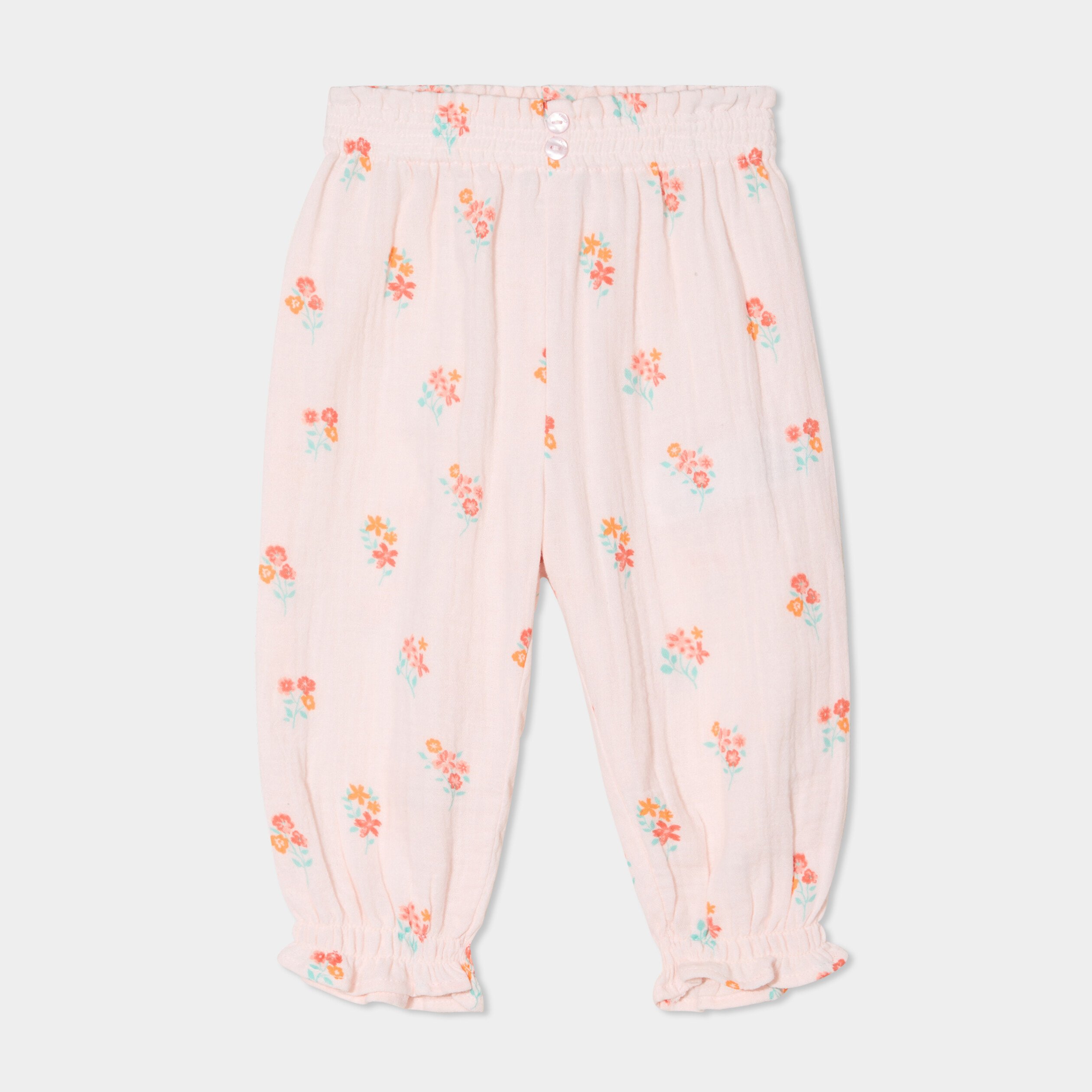 pantalon taille elastiquee gaze de coton rose clair bebef Pantalon taille élastiquée gaze de coton rose clair bébé fille
