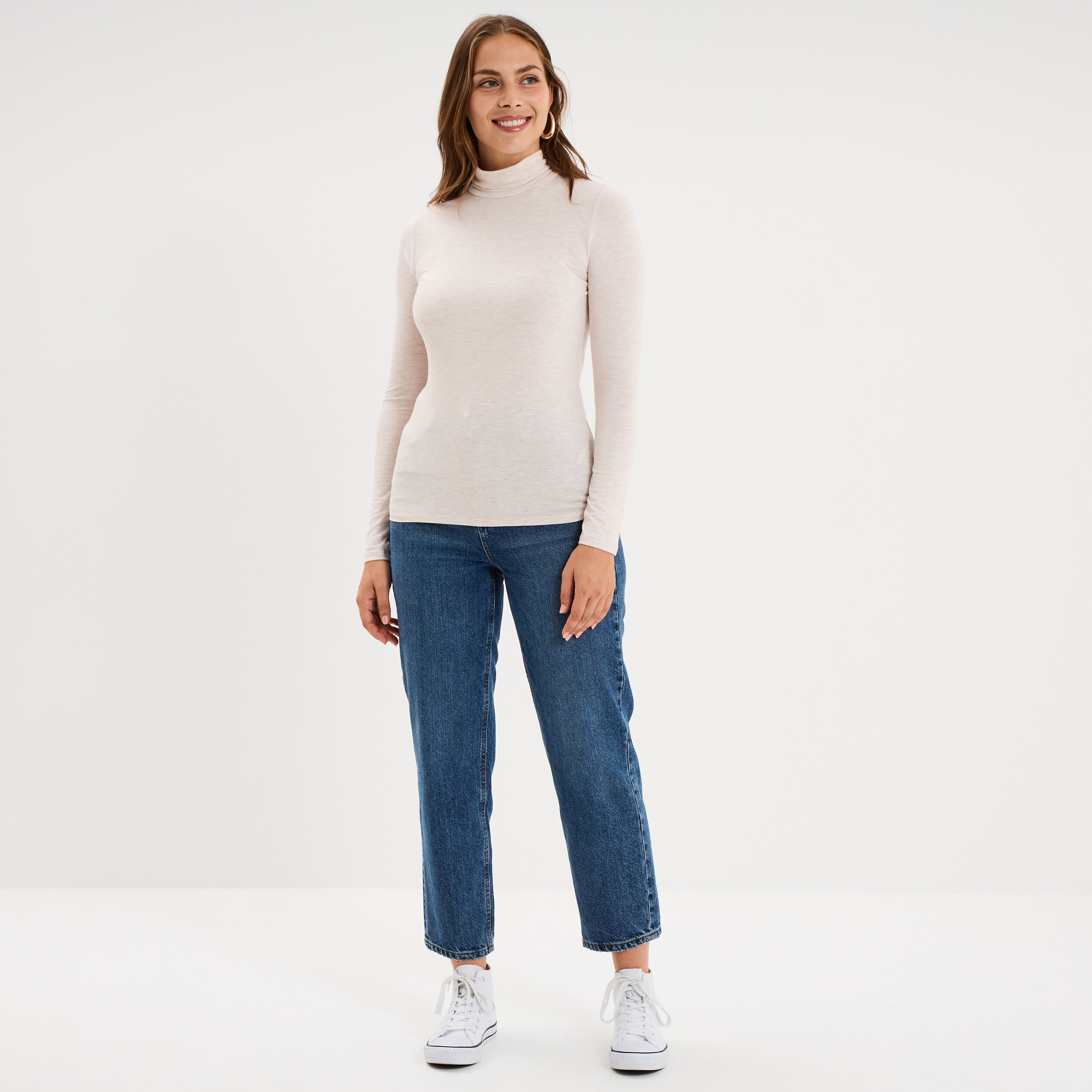 T-shirt manches longues col roul&eacute; beige femme