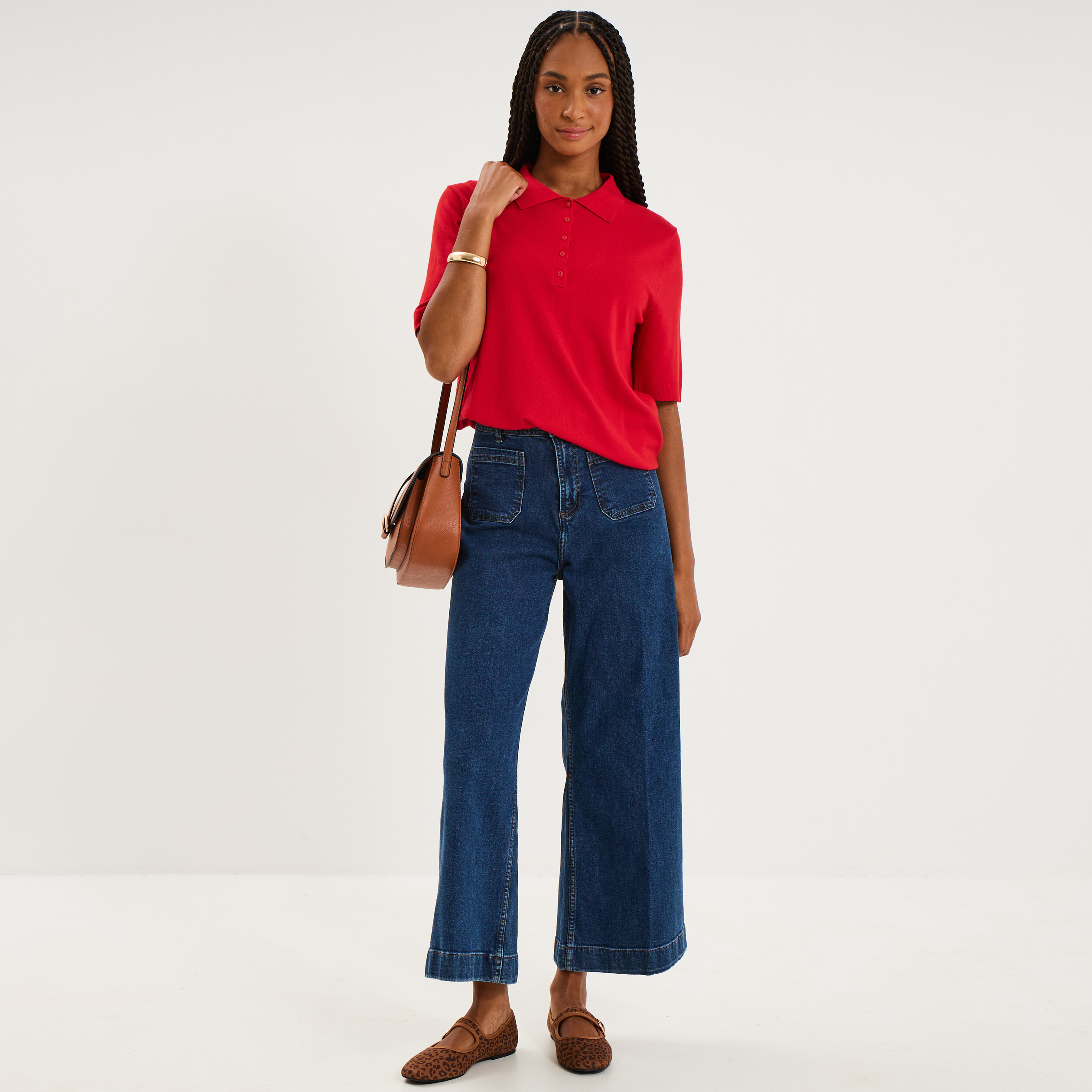 Pull col polo manches courtes rouge femme