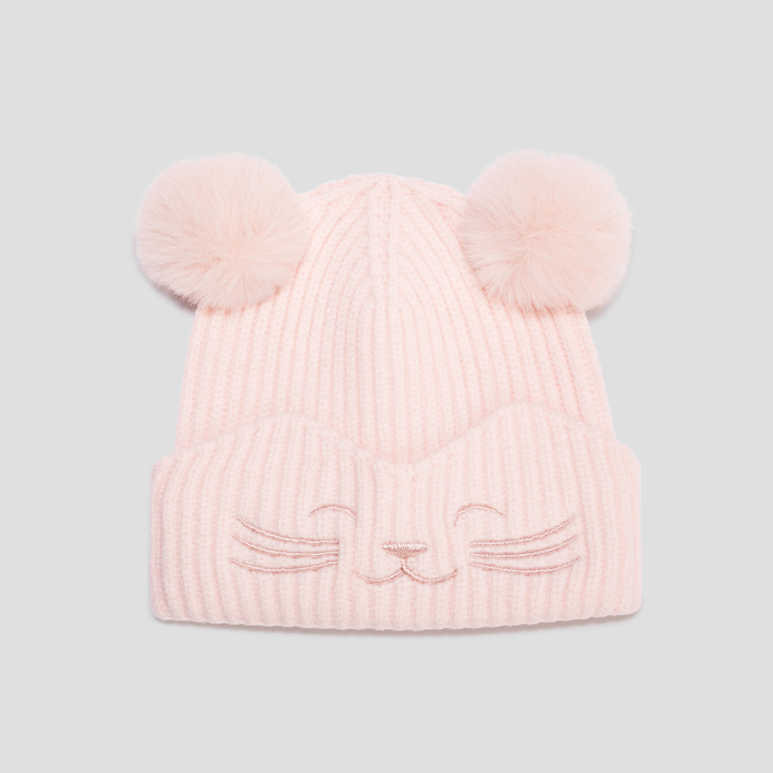 Bonnet côtelé à pompons rose fille
