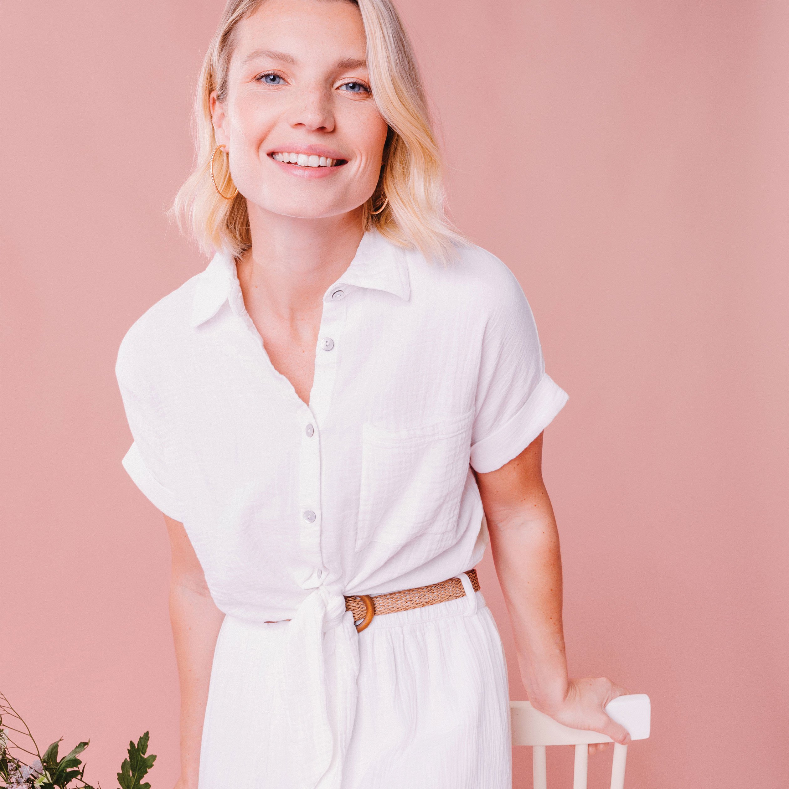 chemise nouee manches courtes gaze coton blanc femme Chemise nouée manches courtes gaze coton blanc femme