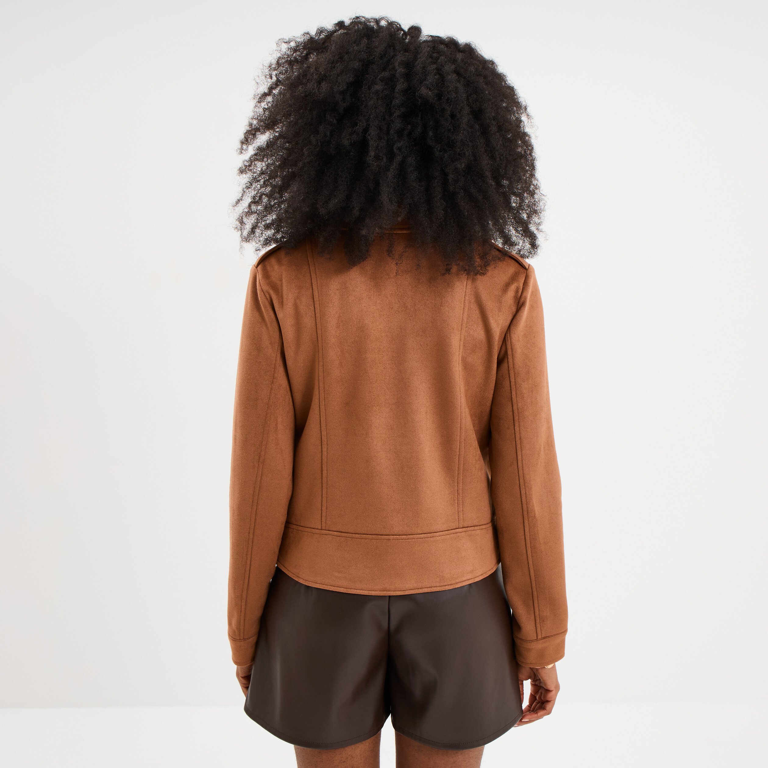 veste courte esprit biker effet suedine marron clair femme Veste courte esprit biker effet suédine marron clair femme