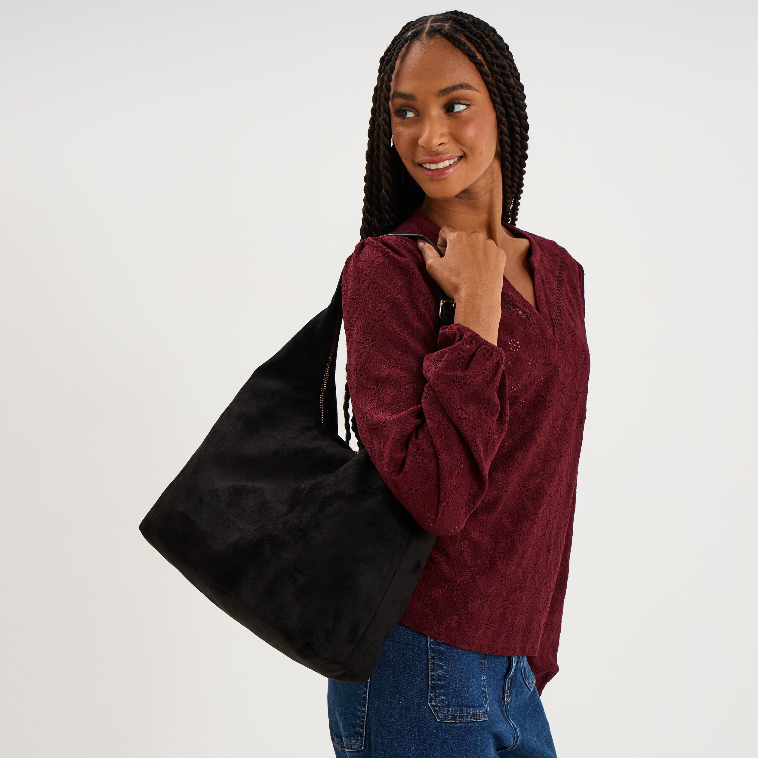 Sac effet su&eacute;dine zipp&eacute; grand format noir femme