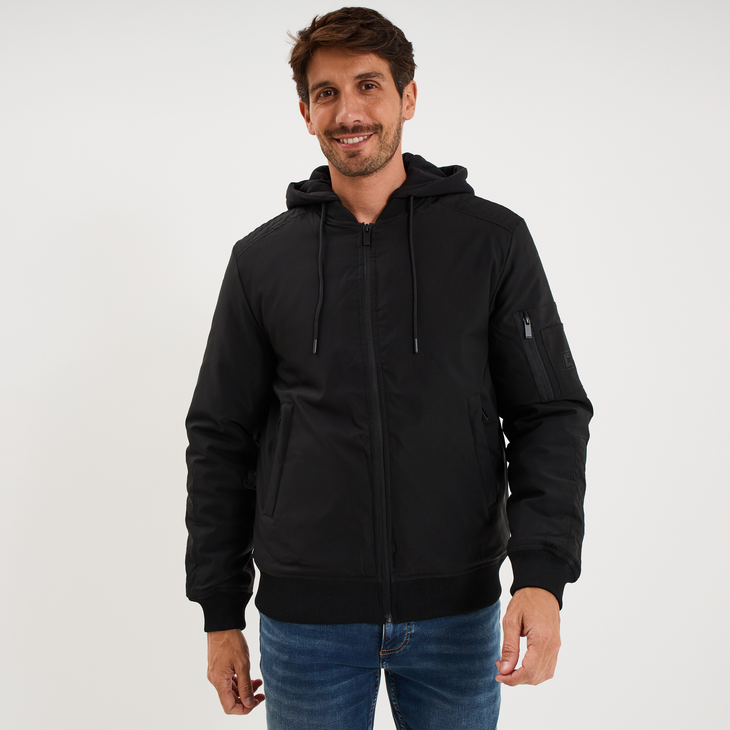 Veste bomber d&eacute;perlante capuche amovible noir homme
