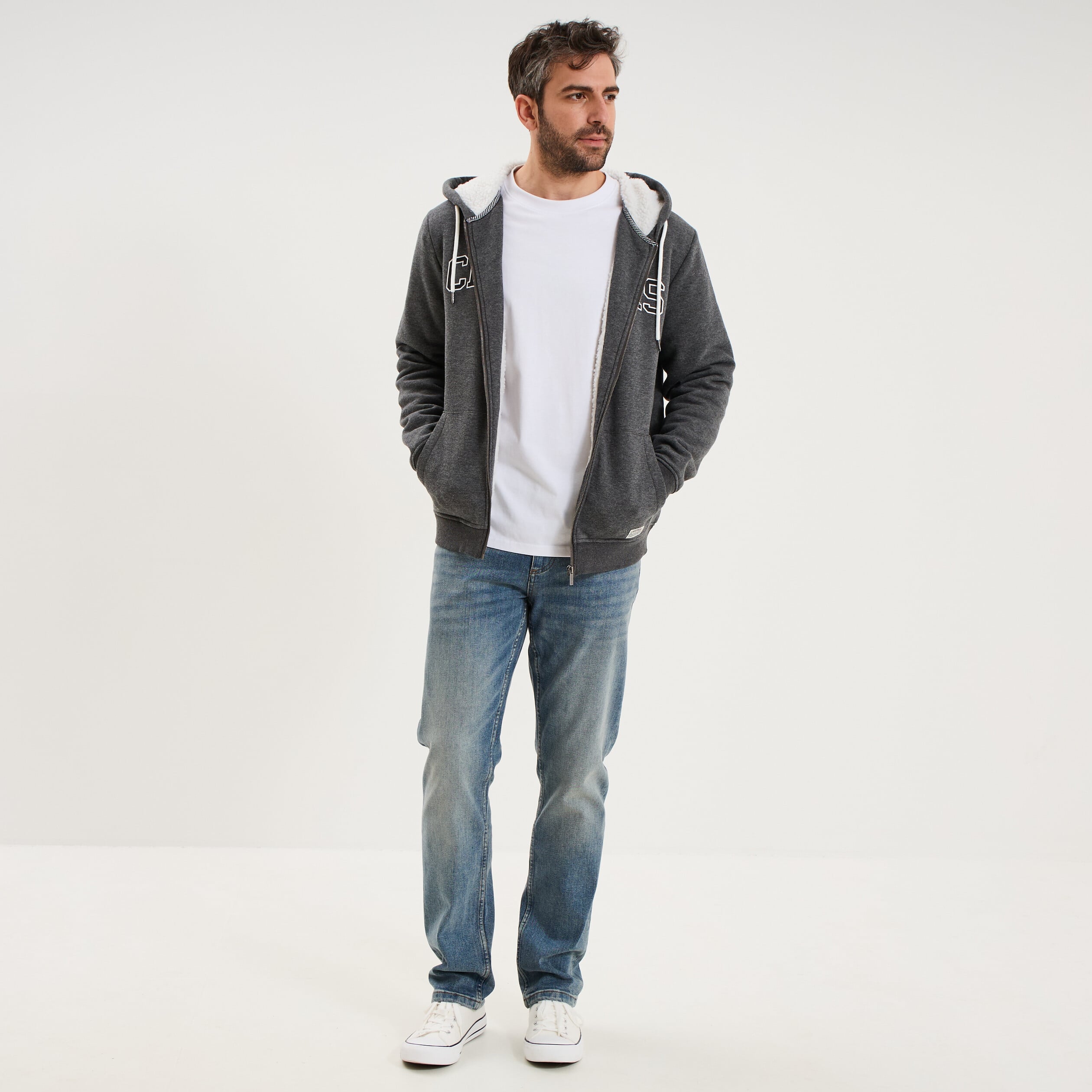 Sweat zipp&eacute; &agrave; capuche doubl&eacute; gris fonc&eacute; homme